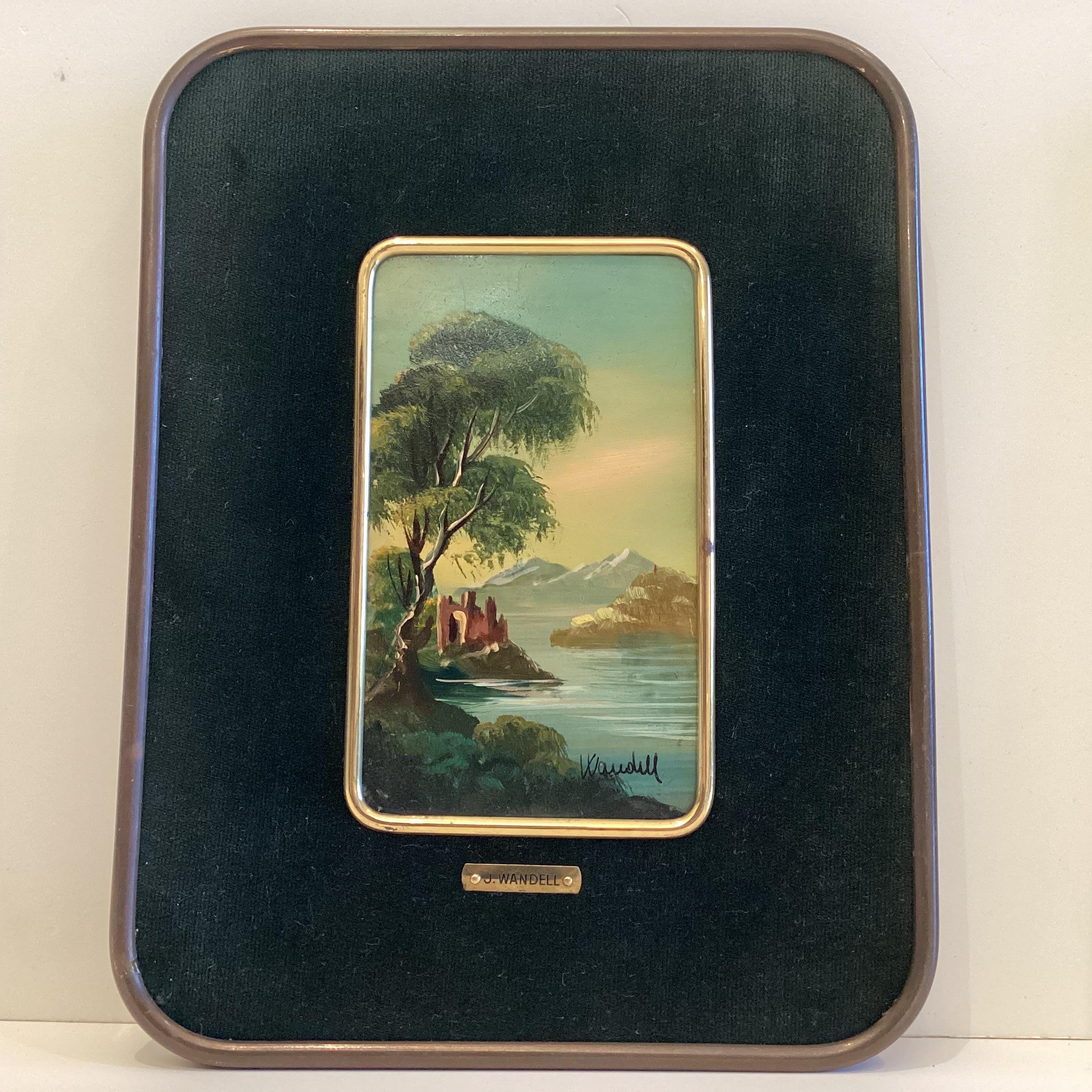 Antique Paintings Pair | J. Wandell 19th Century Oil on Celluloid, Brass Frame Landscapes — photo 4 of 10