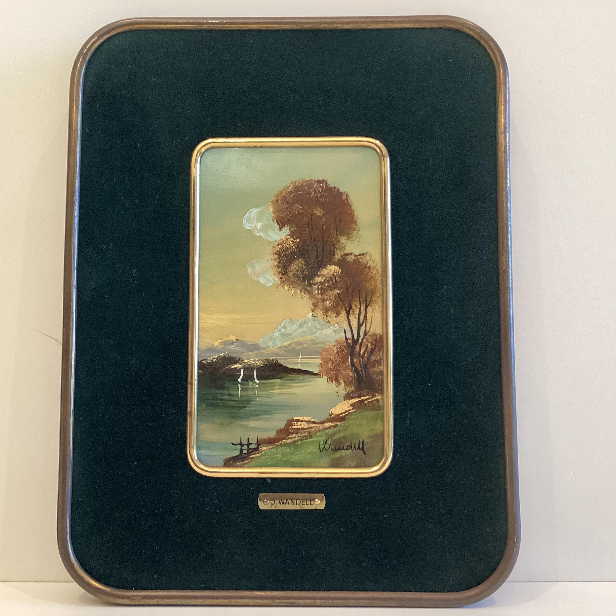 Antique Paintings Pair | J. Wandell 19th Century Oil on Celluloid, Brass Frame Landscapes — photo 5 of 10