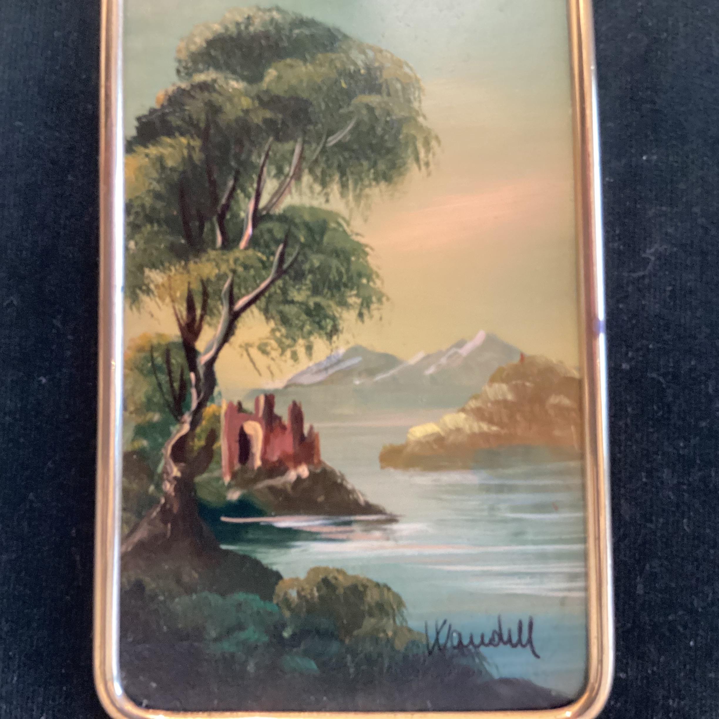 Antique Paintings Pair | J. Wandell 19th Century Oil on Celluloid, Brass Frame Landscapes — photo 6 of 10