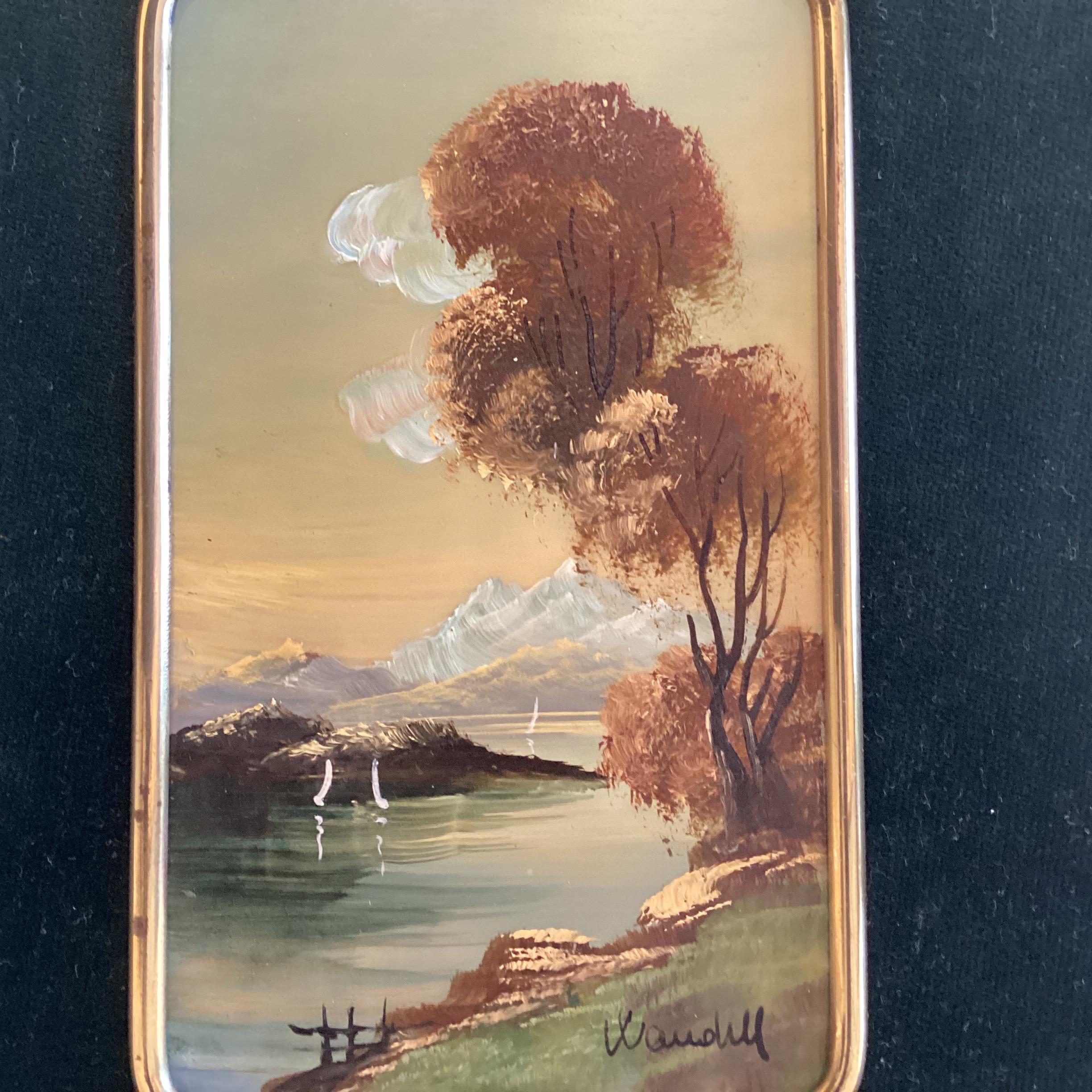 Antique Paintings Pair | J. Wandell 19th Century Oil on Celluloid, Brass Frame Landscapes — photo 7 of 10