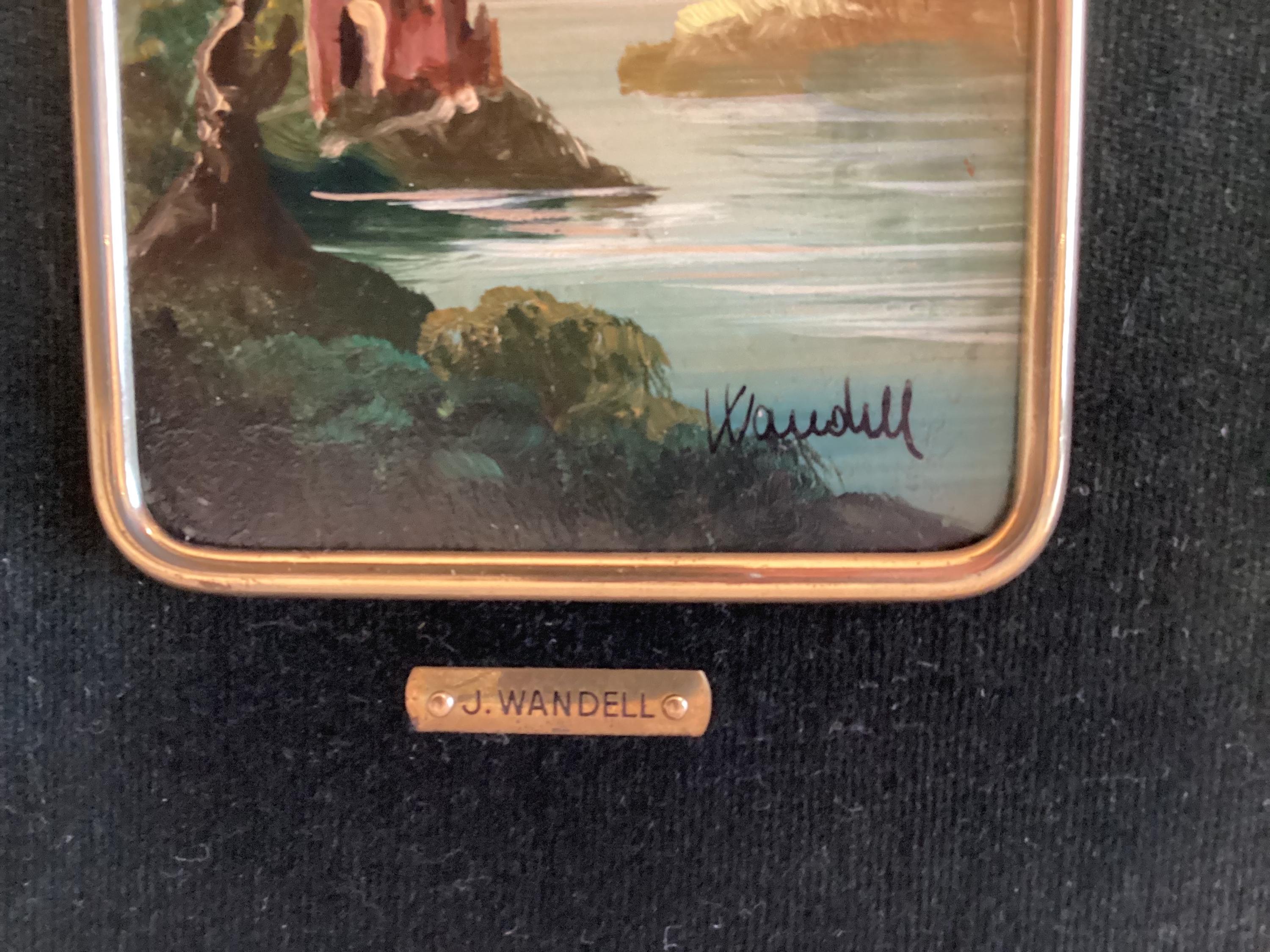 Antique Paintings Pair | J. Wandell 19th Century Oil on Celluloid, Brass Frame Landscapes — photo 8 of 10