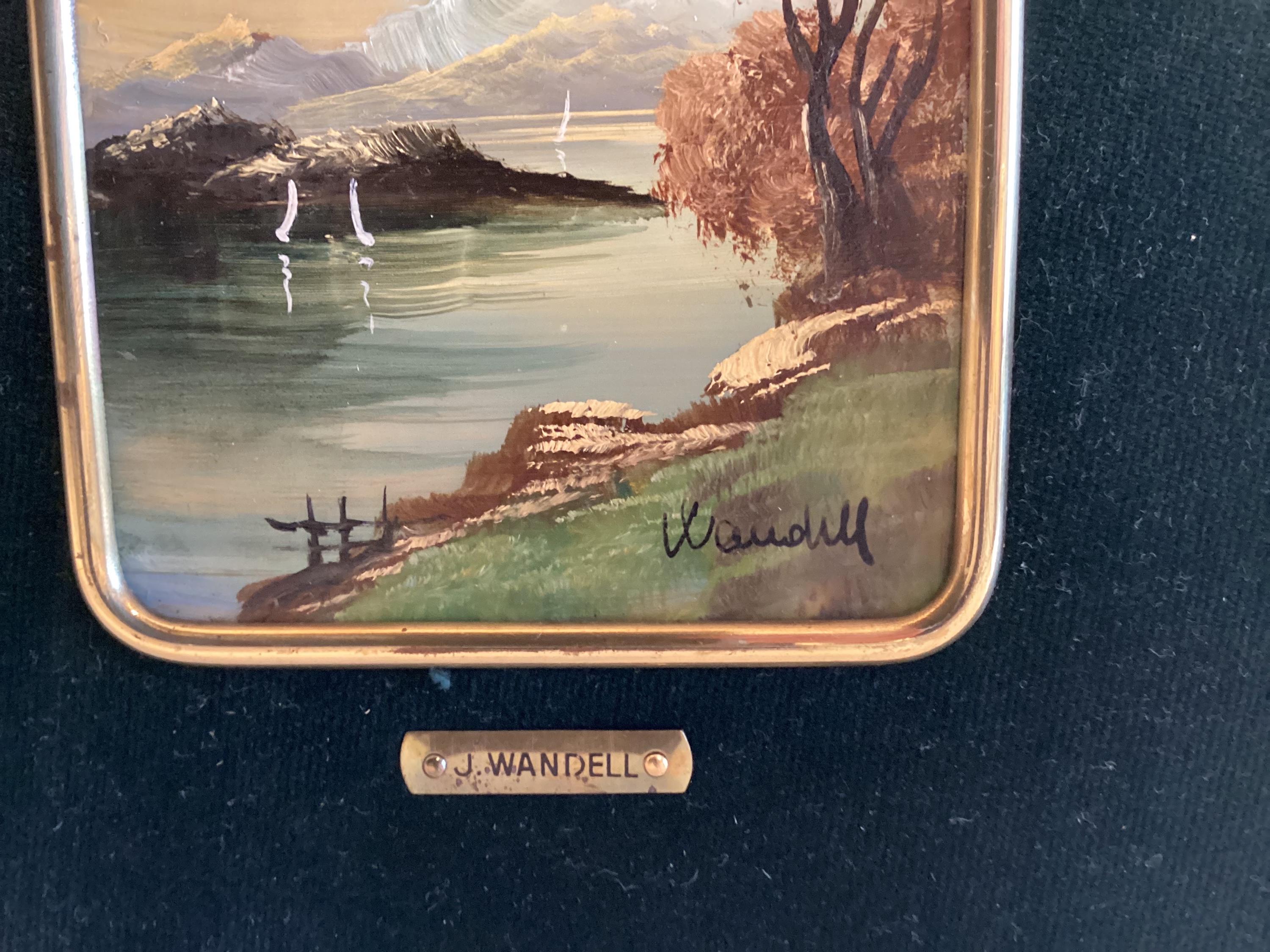 Antique Paintings Pair | J. Wandell 19th Century Oil on Celluloid, Brass Frame Landscapes — photo 9 of 10
