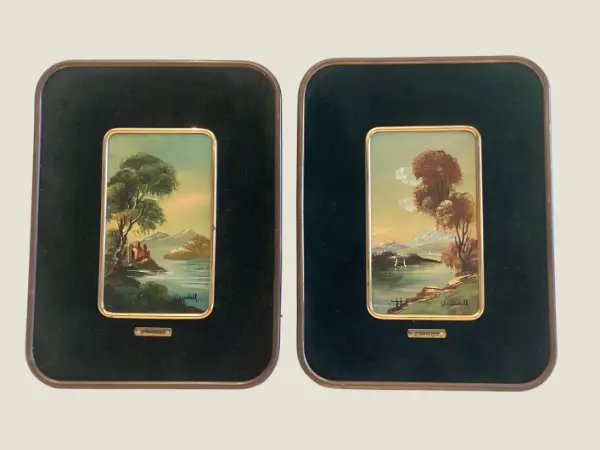 Antique Paintings Pair | J. Wandell 19th Century Oil on Celluloid, Brass Frame Landscapes