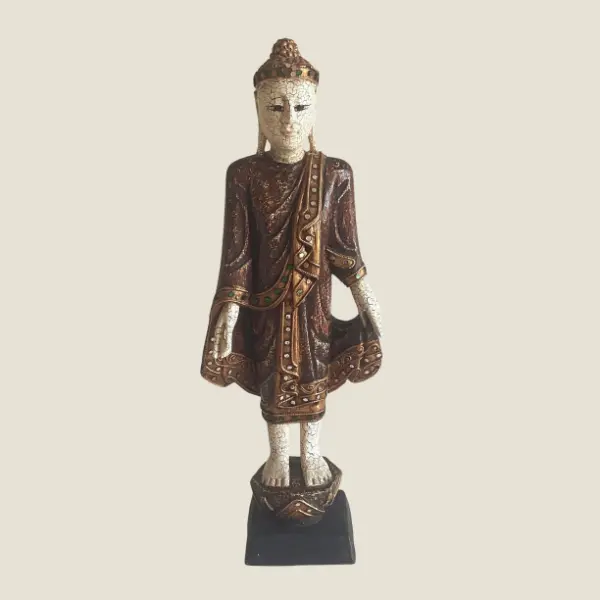 Buddha Sculpture – Thai Wooden Standing Buddha (1950s, Hand-Painted)