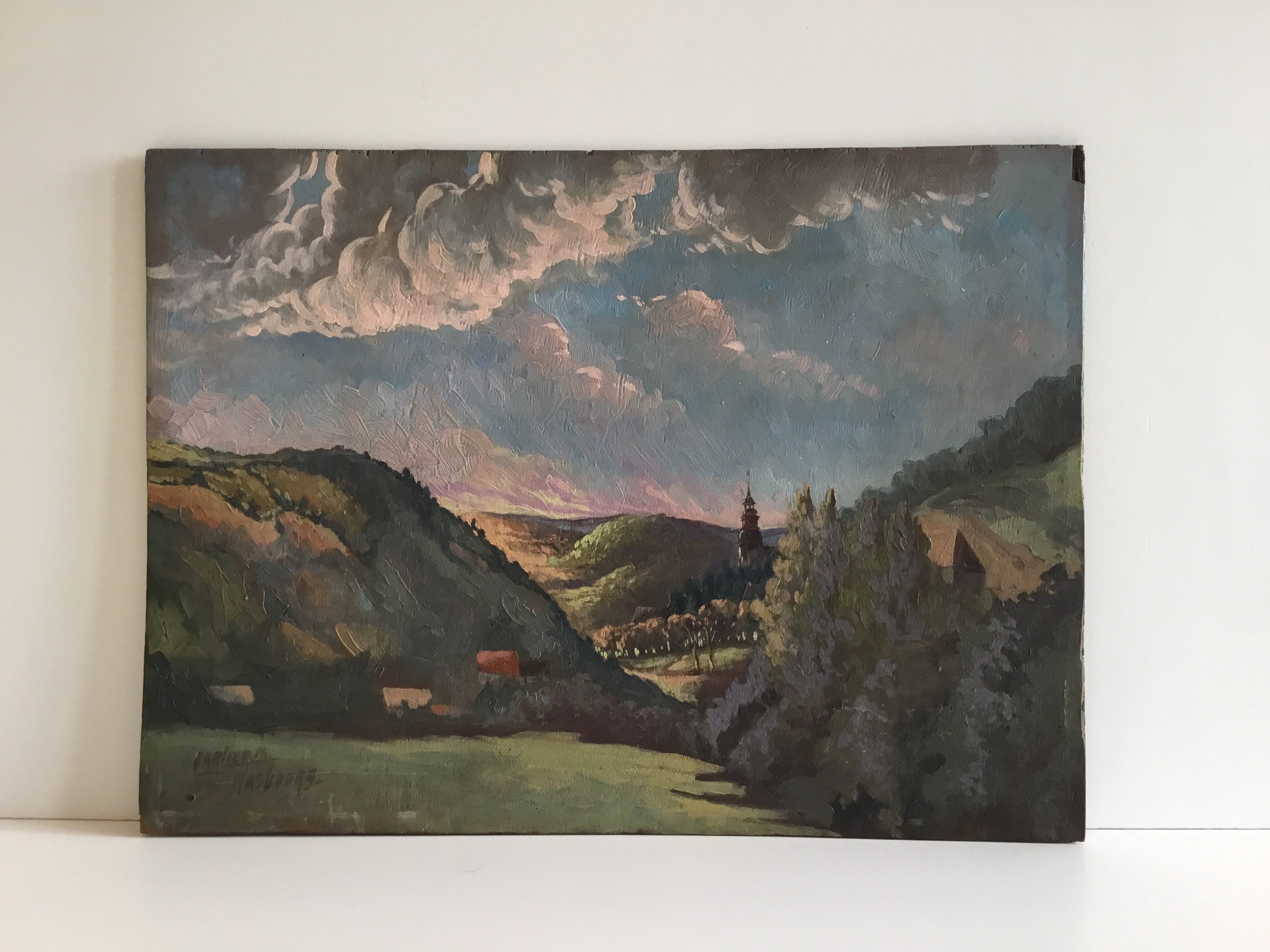 Vintage Landscape Painting | M. Carlier Habsburg 1900s, Austrian Oil on Wood Signed — photo 2 of 9