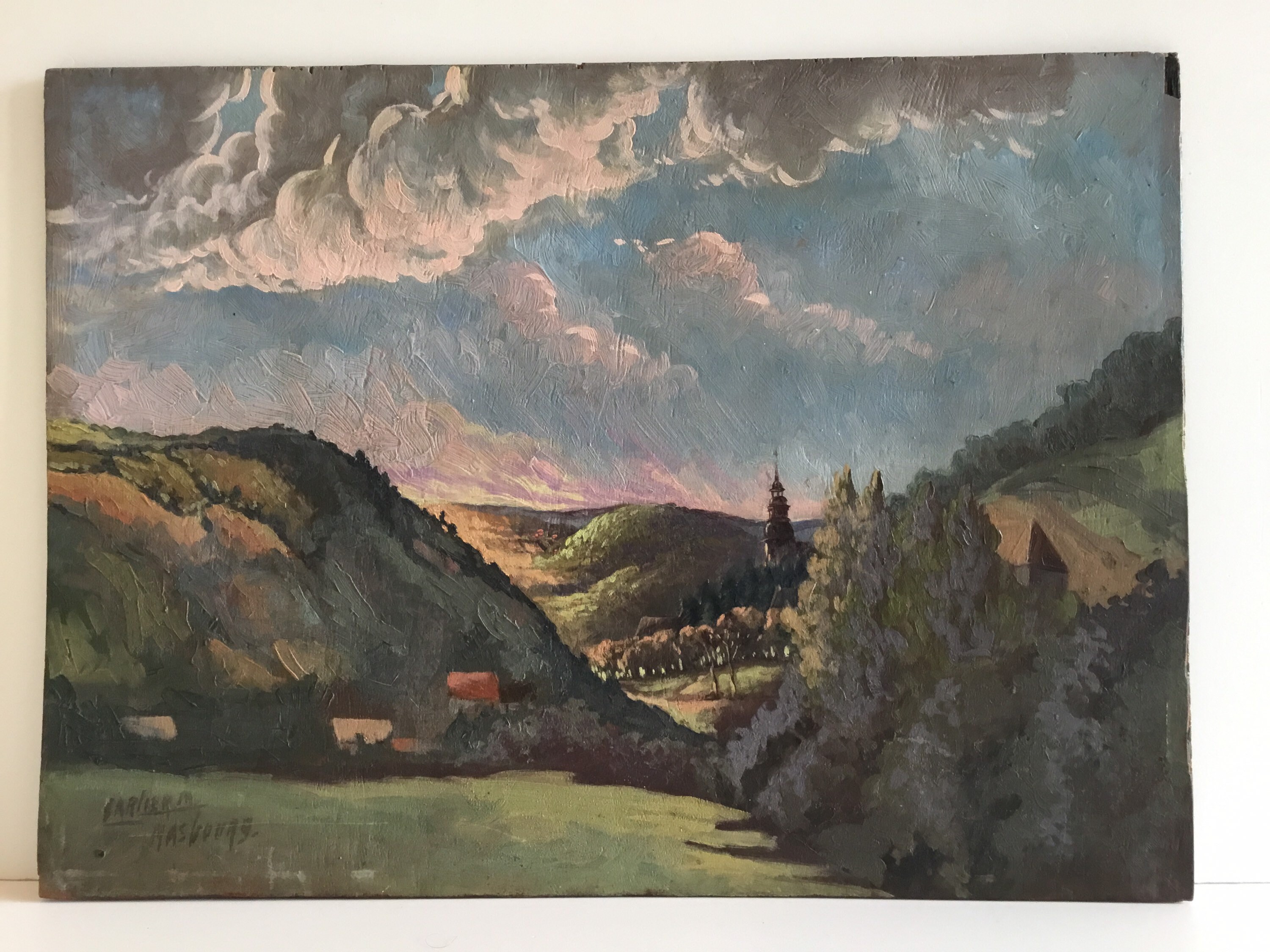 Vintage Landscape Painting | M. Carlier Habsburg 1900s, Austrian Oil on Wood Signed — photo 3 of 9