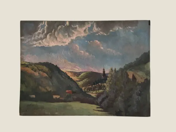 Vintage Landscape Painting | M. Carlier Habsburg 1900s, Austrian Oil on Wood Signed