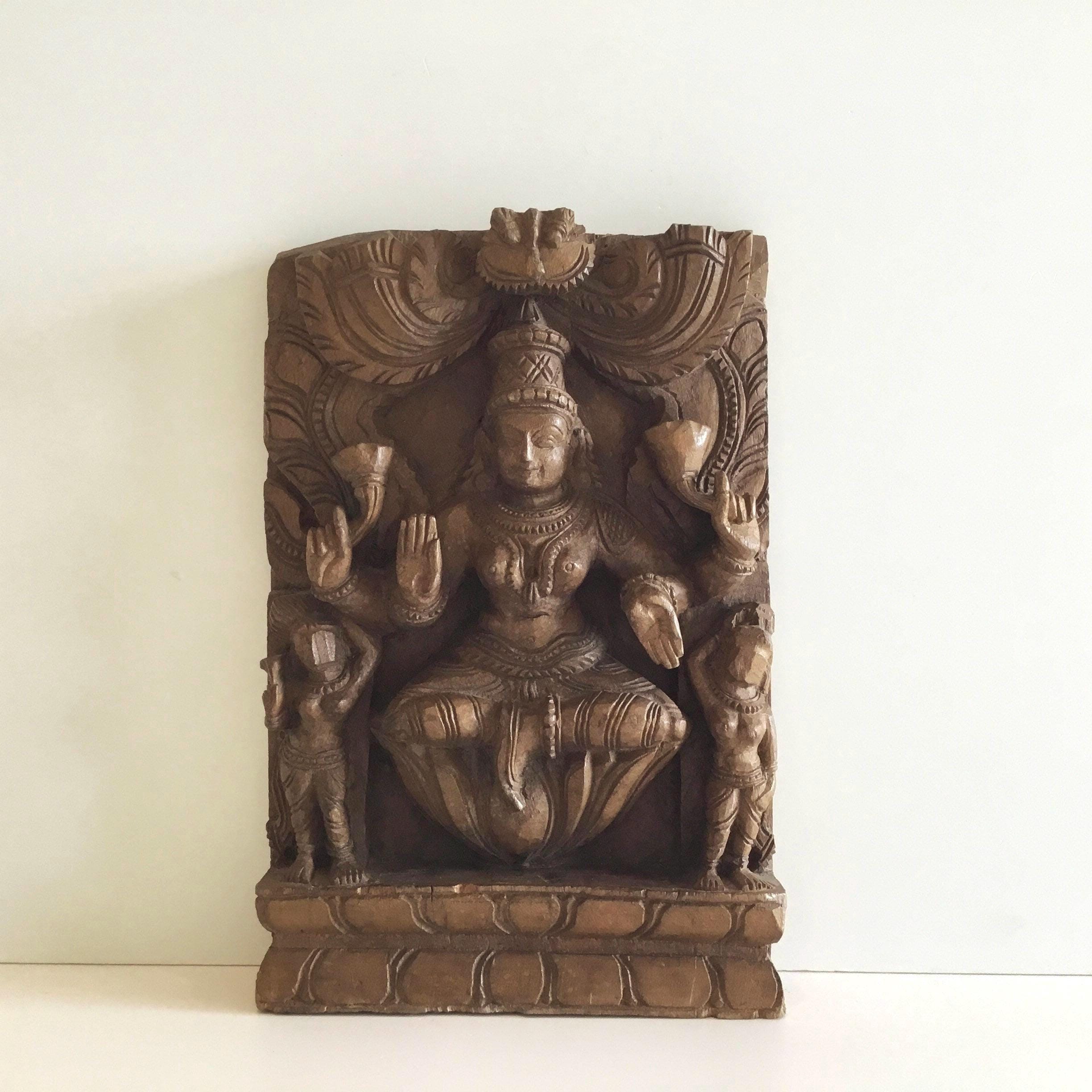 Vintage Wood Carving | 1930s Indian Shiva Panel, Hand-Carved Solid Wood Sculpture — photo 2 of 7