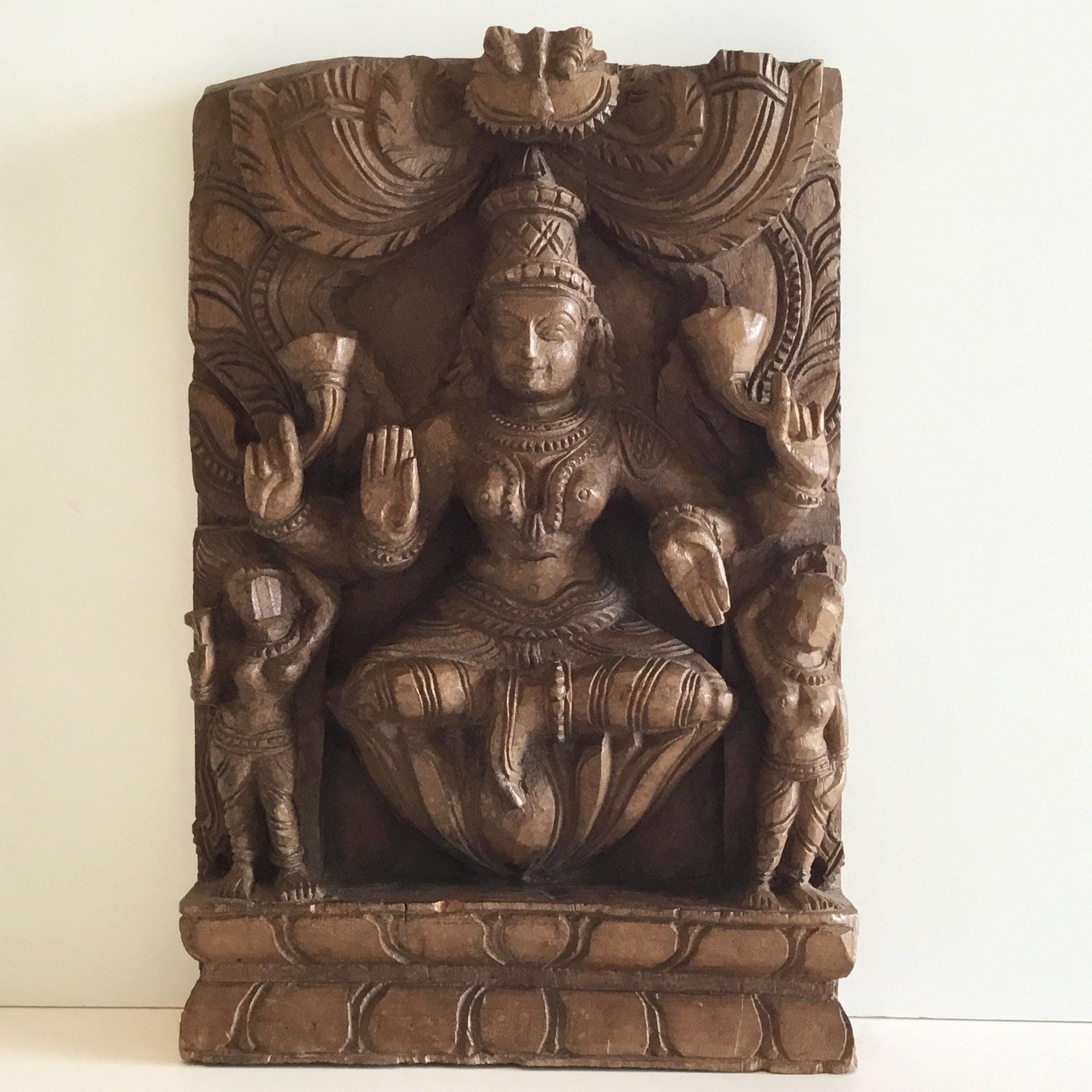 Vintage Wood Carving | 1930s Indian Shiva Panel, Hand-Carved Solid Wood Sculpture — photo 3 of 7