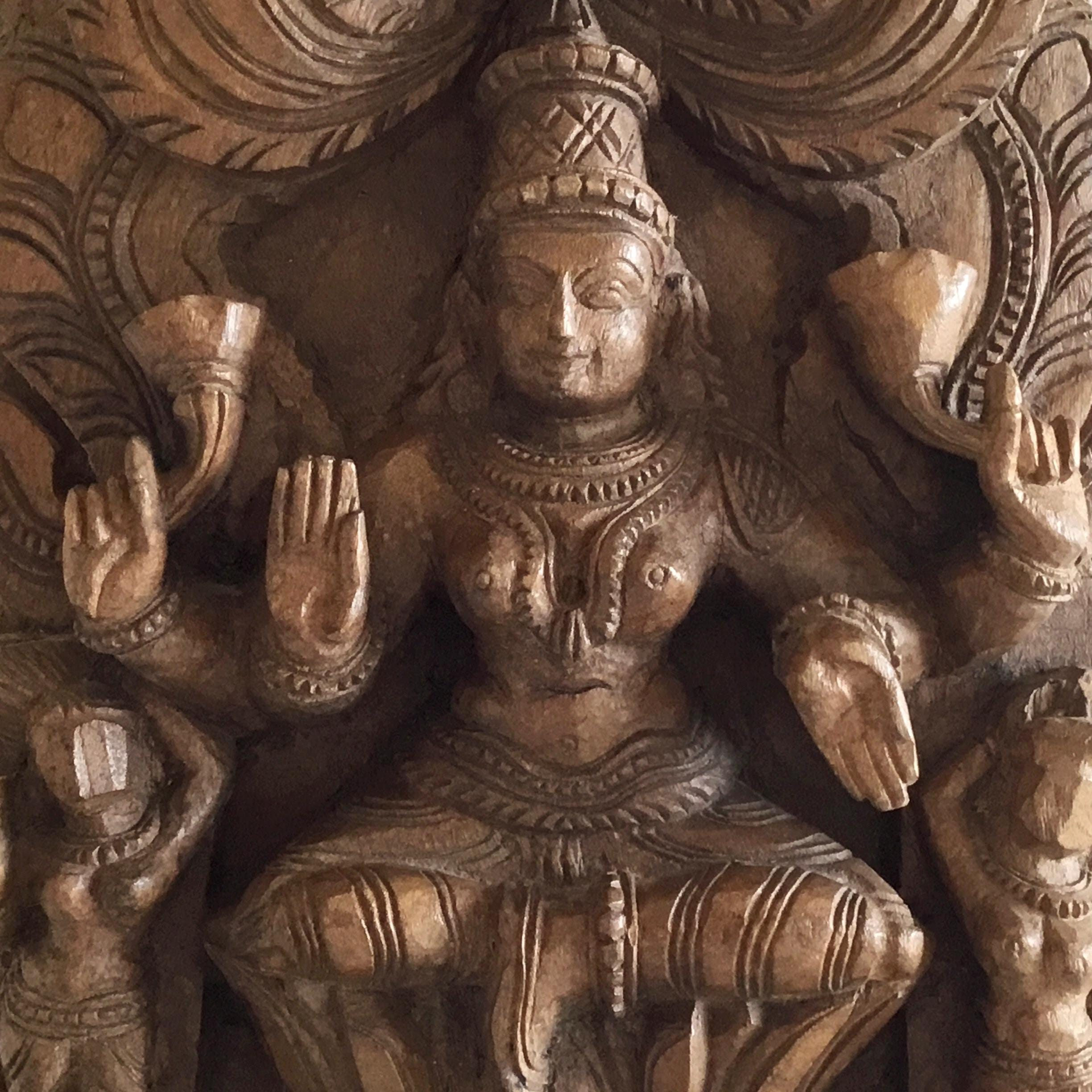 Vintage Wood Carving | 1930s Indian Shiva Panel, Hand-Carved Solid Wood Sculpture — photo 4 of 7