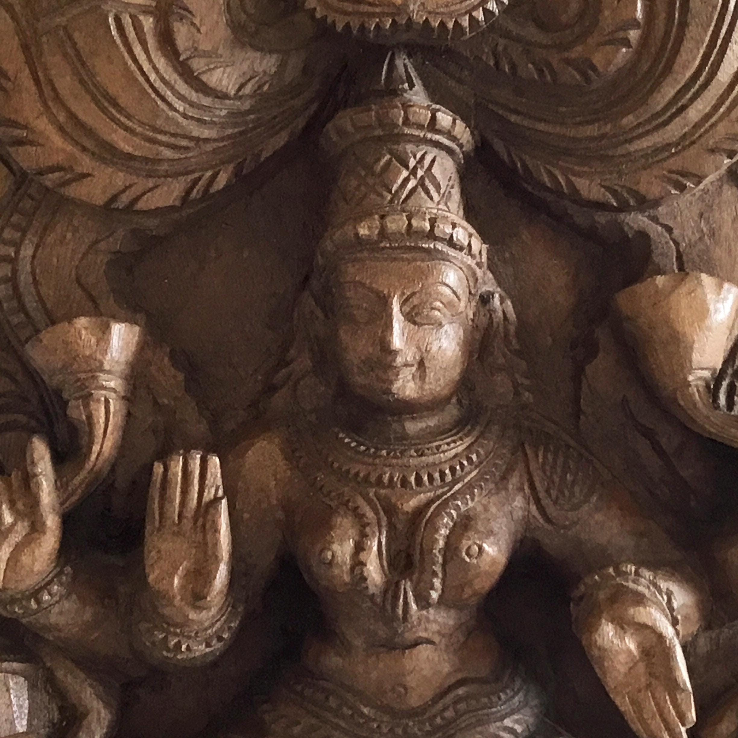 Vintage Wood Carving | 1930s Indian Shiva Panel, Hand-Carved Solid Wood Sculpture — photo 5 of 7