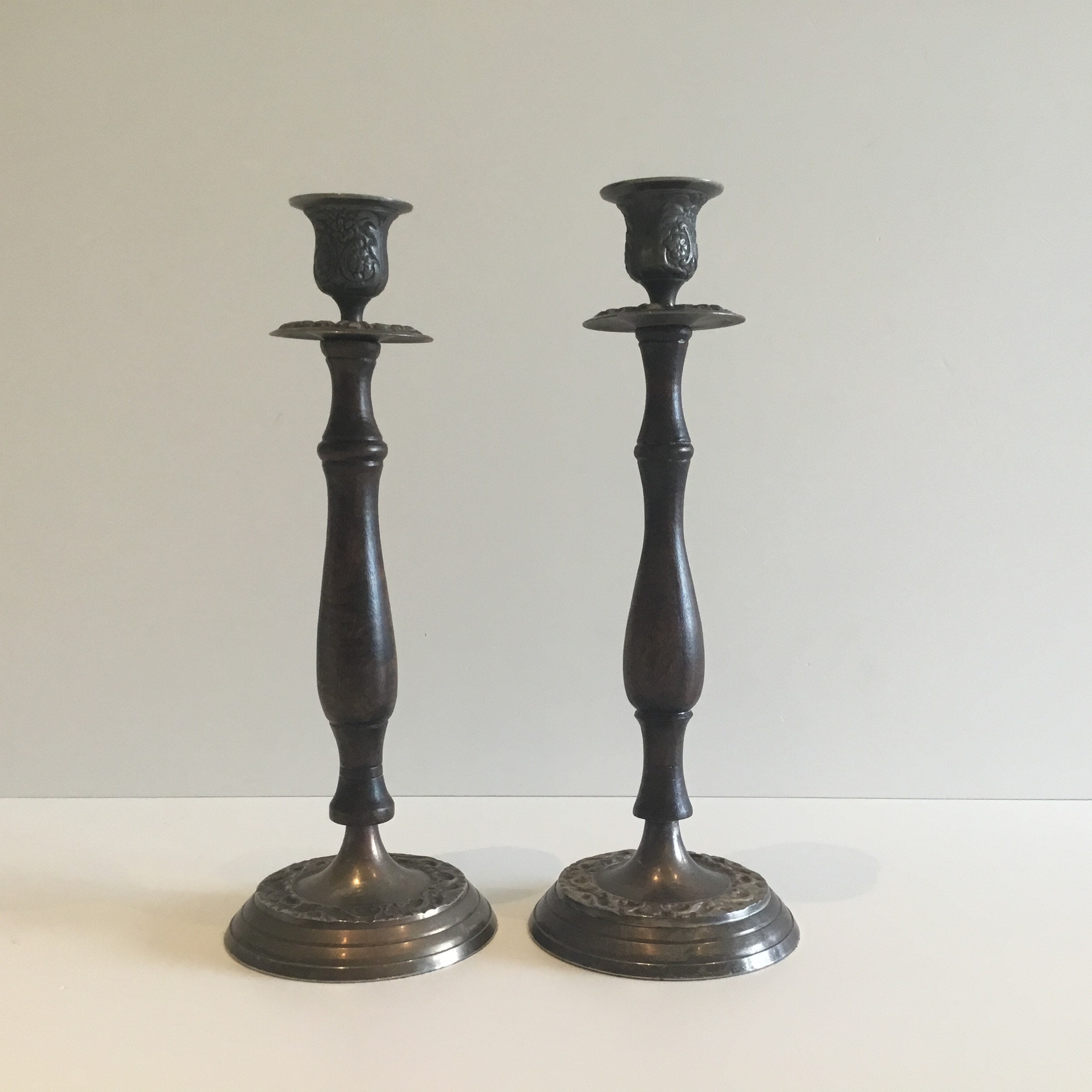 Antique Candlesticks Pair | 1930s French Metal & Solid Wood, Original Patina — photo 2 of 10