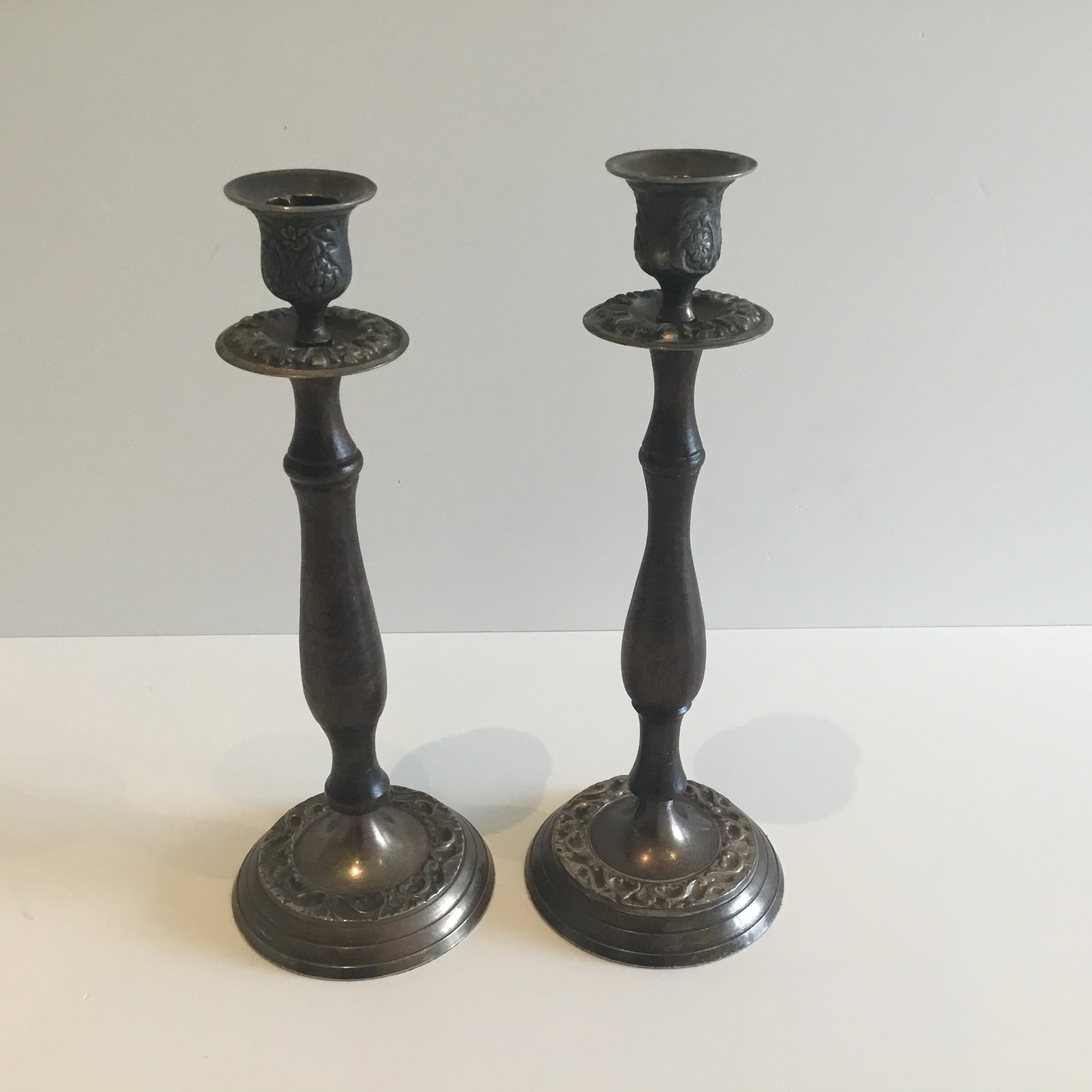 Antique Candlesticks Pair | 1930s French Metal & Solid Wood, Original Patina — photo 3 of 10