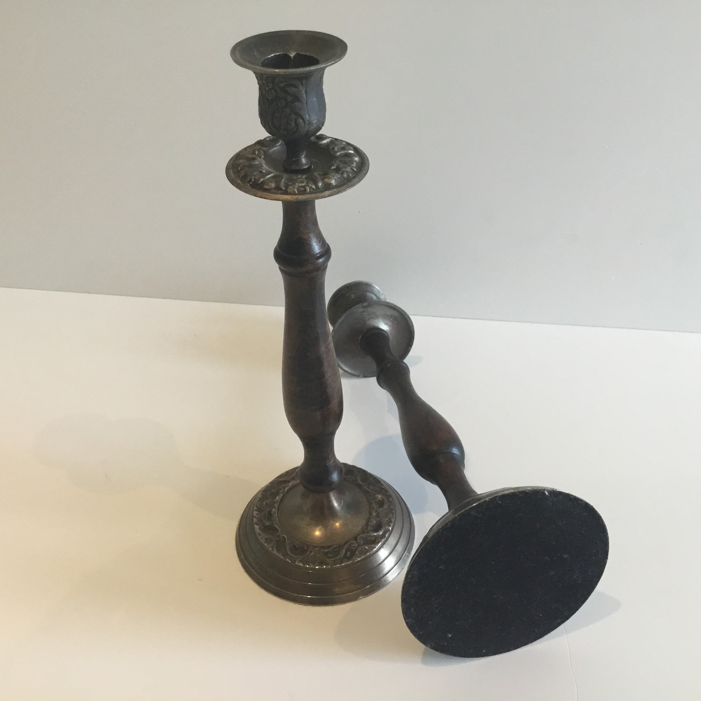 Antique Candlesticks Pair | 1930s French Metal & Solid Wood, Original Patina — photo 4 of 10