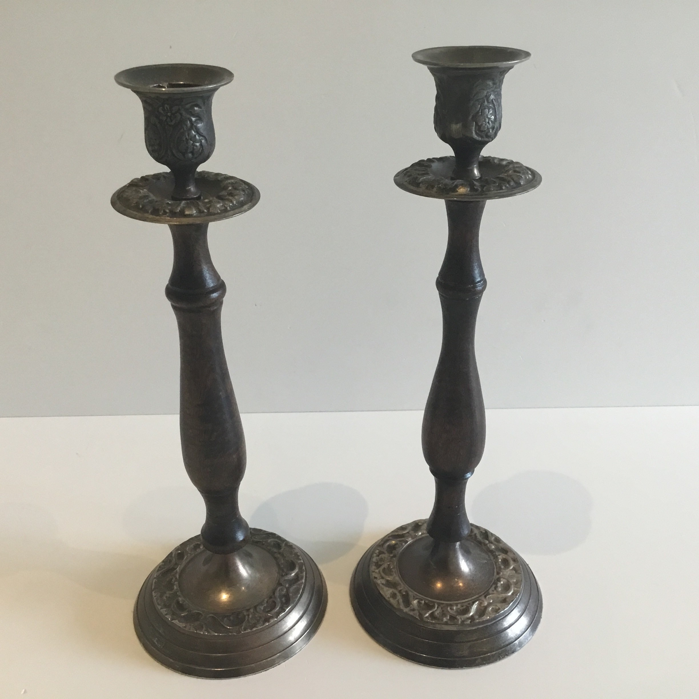 Antique Candlesticks Pair | 1930s French Metal & Solid Wood, Original Patina — photo 5 of 10