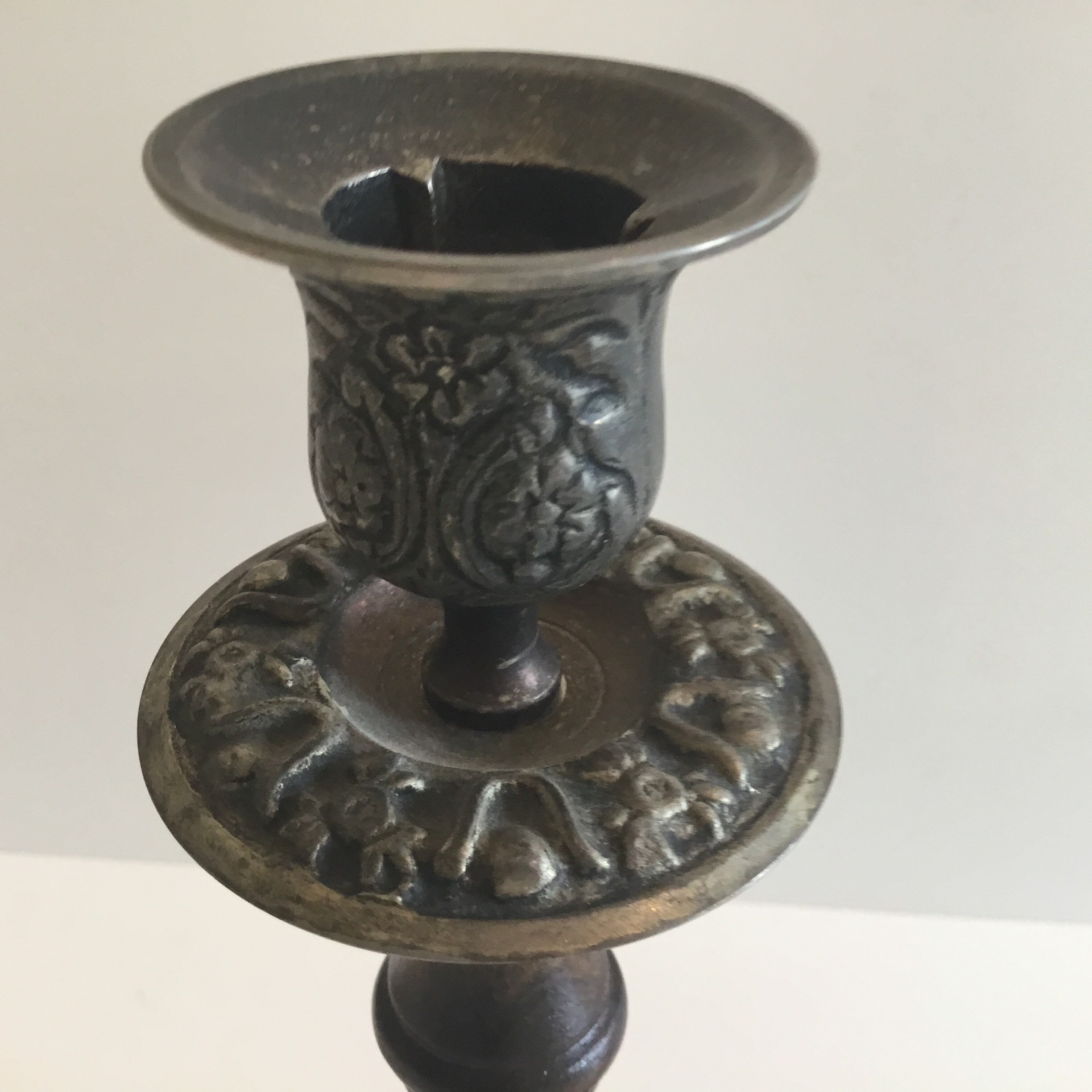 Antique Candlesticks Pair | 1930s French Metal & Solid Wood, Original Patina — photo 6 of 10