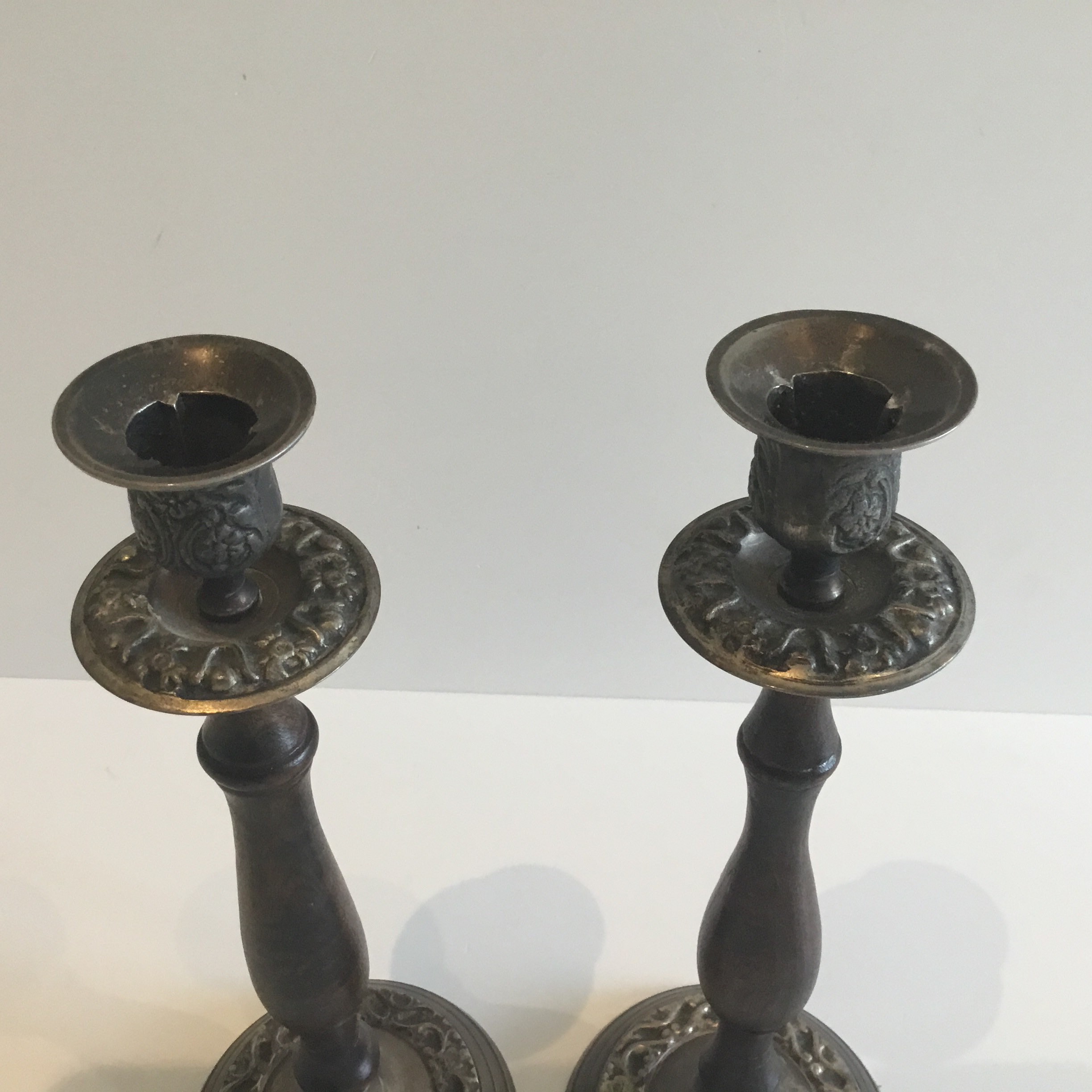 Antique Candlesticks Pair | 1930s French Metal & Solid Wood, Original Patina — photo 7 of 10