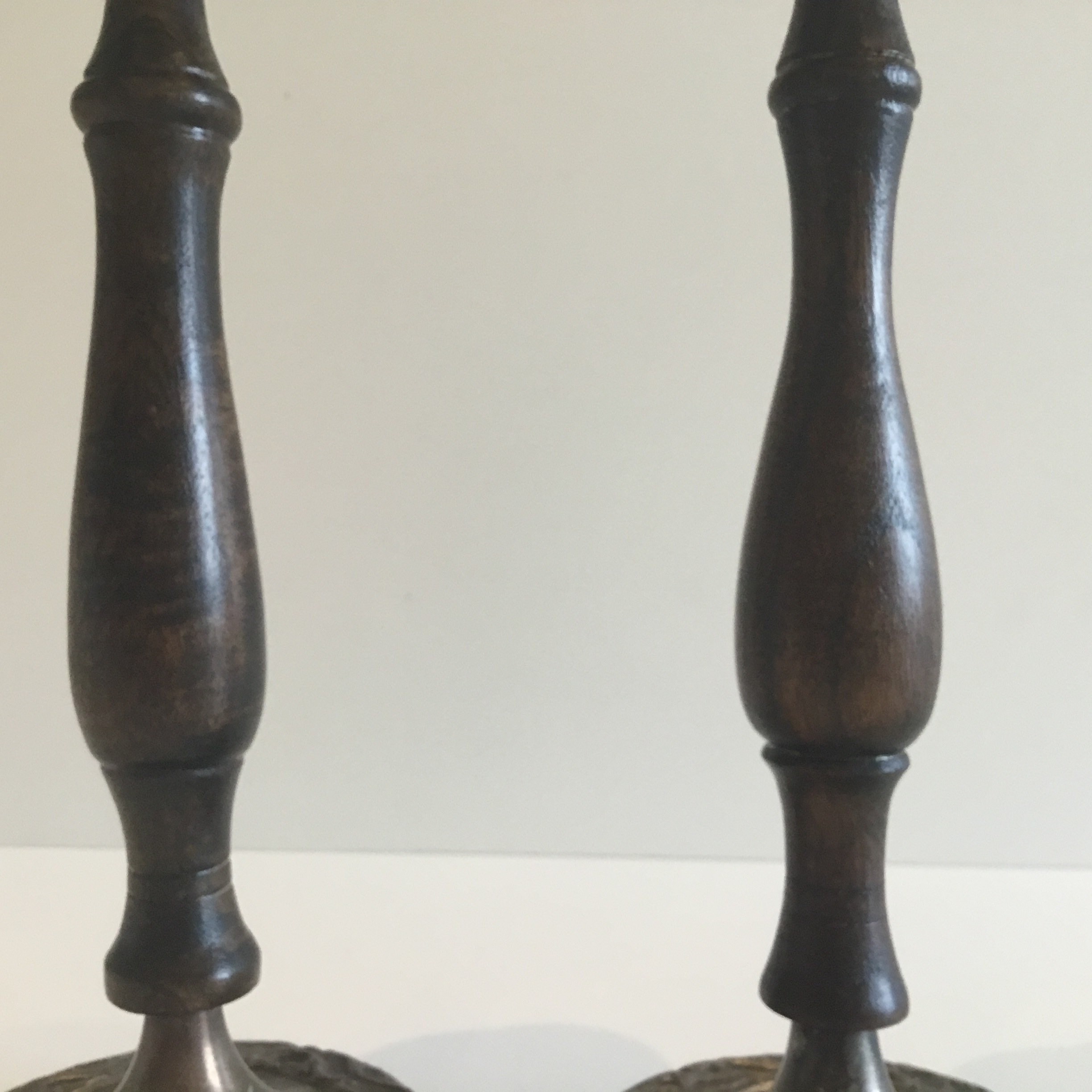 Antique Candlesticks Pair | 1930s French Metal & Solid Wood, Original Patina — photo 8 of 10