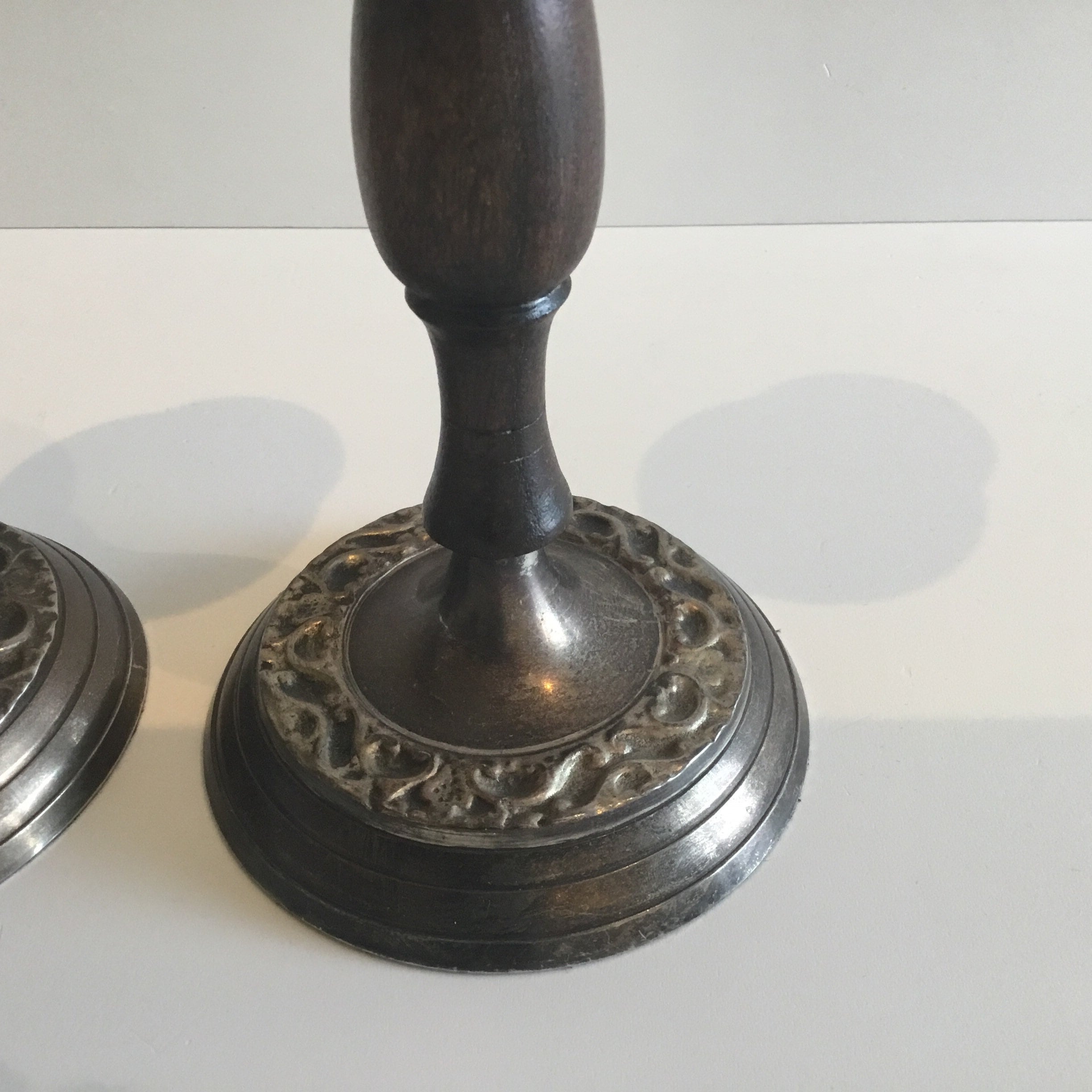 Antique Candlesticks Pair | 1930s French Metal & Solid Wood, Original Patina — photo 9 of 10