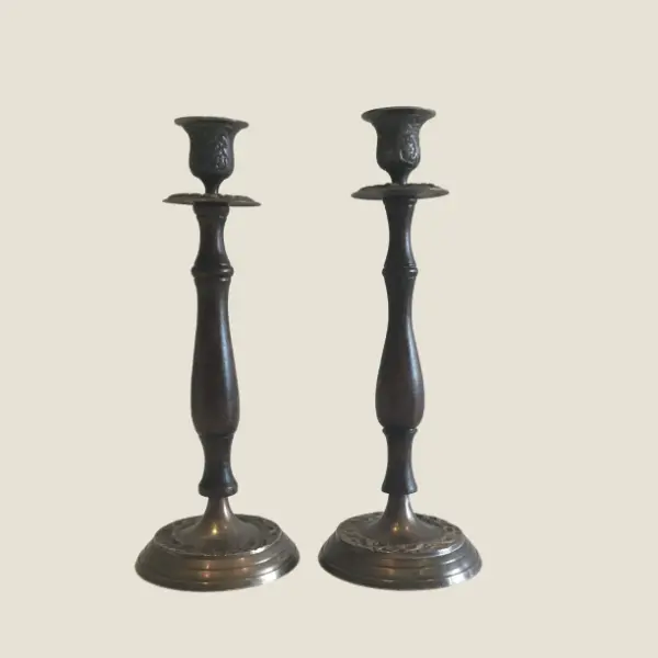 Antique Candlesticks Pair | 1930s French Metal & Solid Wood, Original Patina