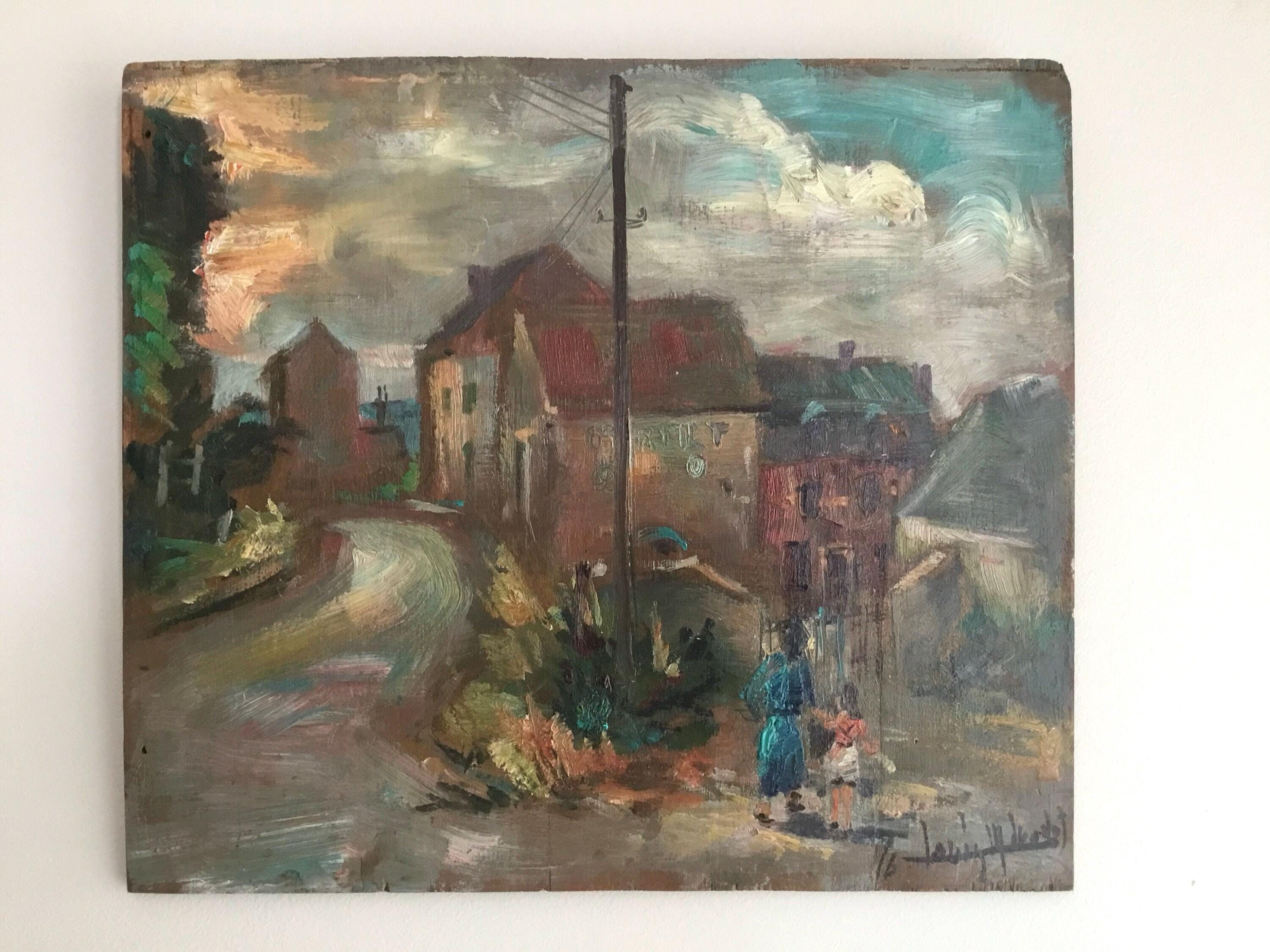 Vintage Painting | 1950s Cityscape by Louis-Marie Londot, Belgian Oil on Wood — photo 3 of 10