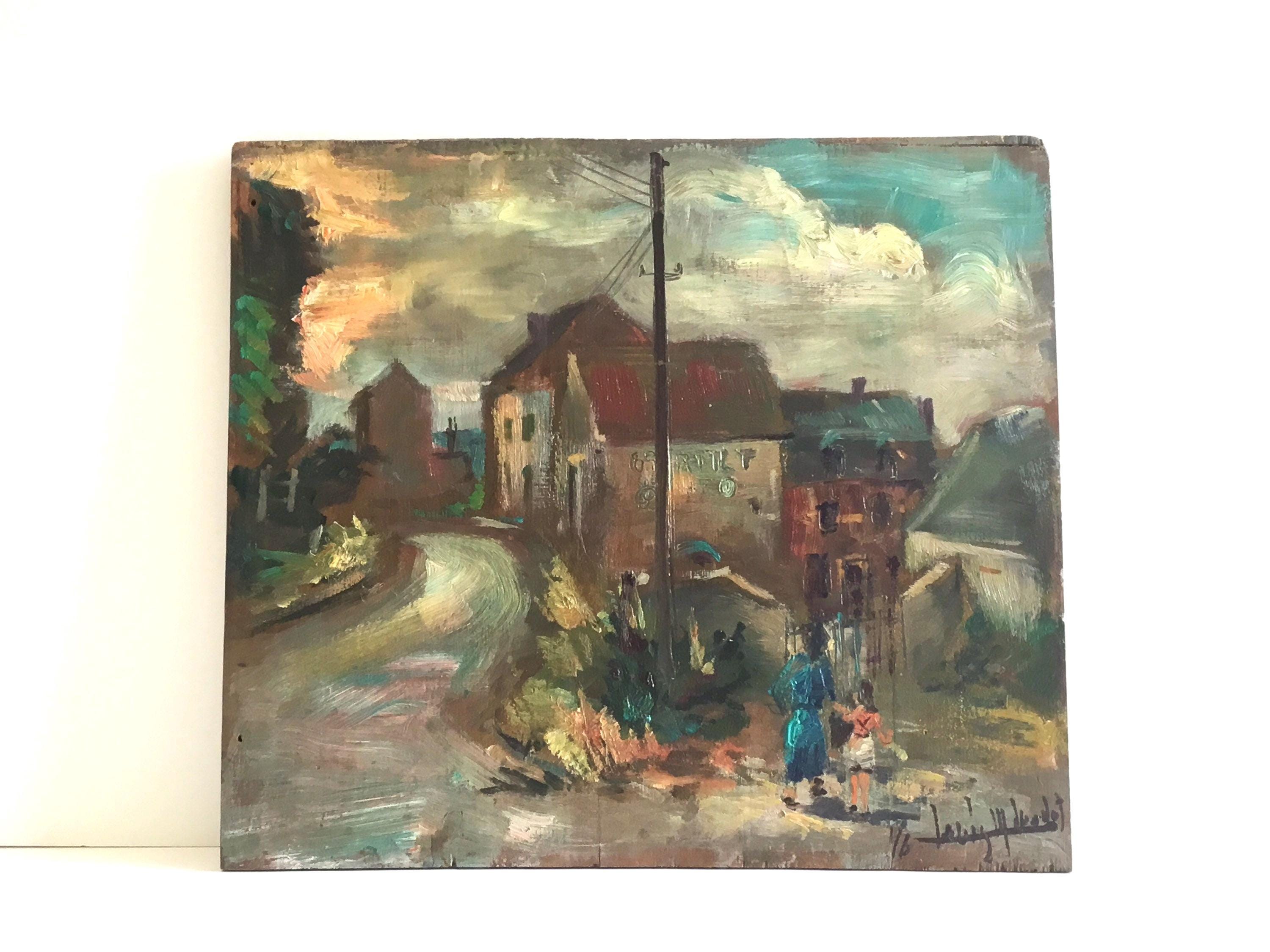 Vintage Painting | 1950s Cityscape by Louis-Marie Londot, Belgian Oil on Wood — photo 8 of 10