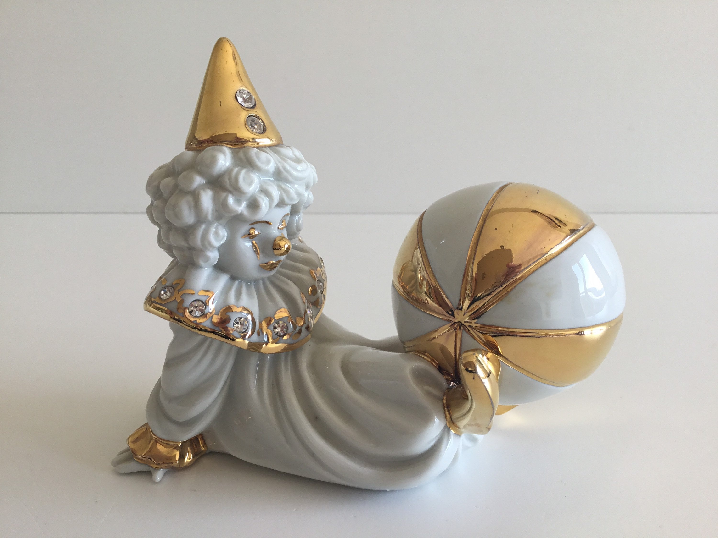 Vintage Italian Figurine | Swarovski Crystal RG Capodimonte Clown, 24k Gold 1970s — photo 2 of 10
