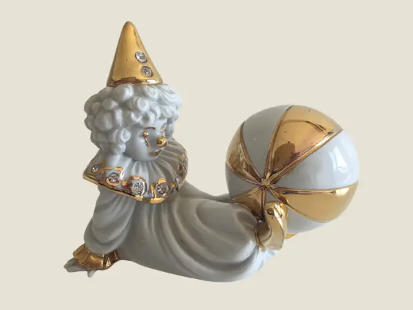Vintage Italian Figurine | Swarovski Crystal RG Capodimonte Clown, 24k Gold 1970s