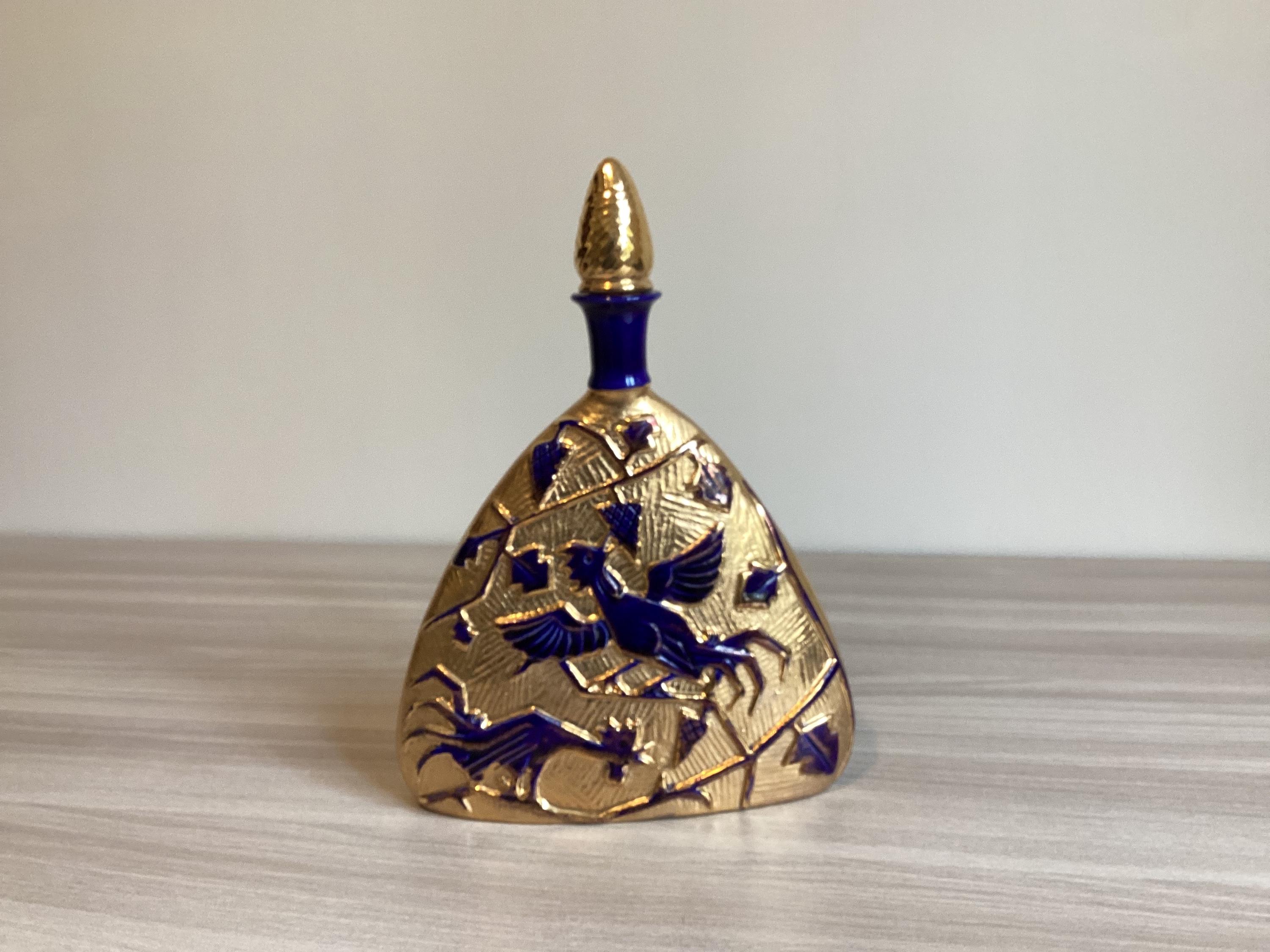 Vintage Italian Bottle | 1930s Art Deco Cobalt Blue & Gold, Ceramic Pine Cone Stopper — photo 2 of 10