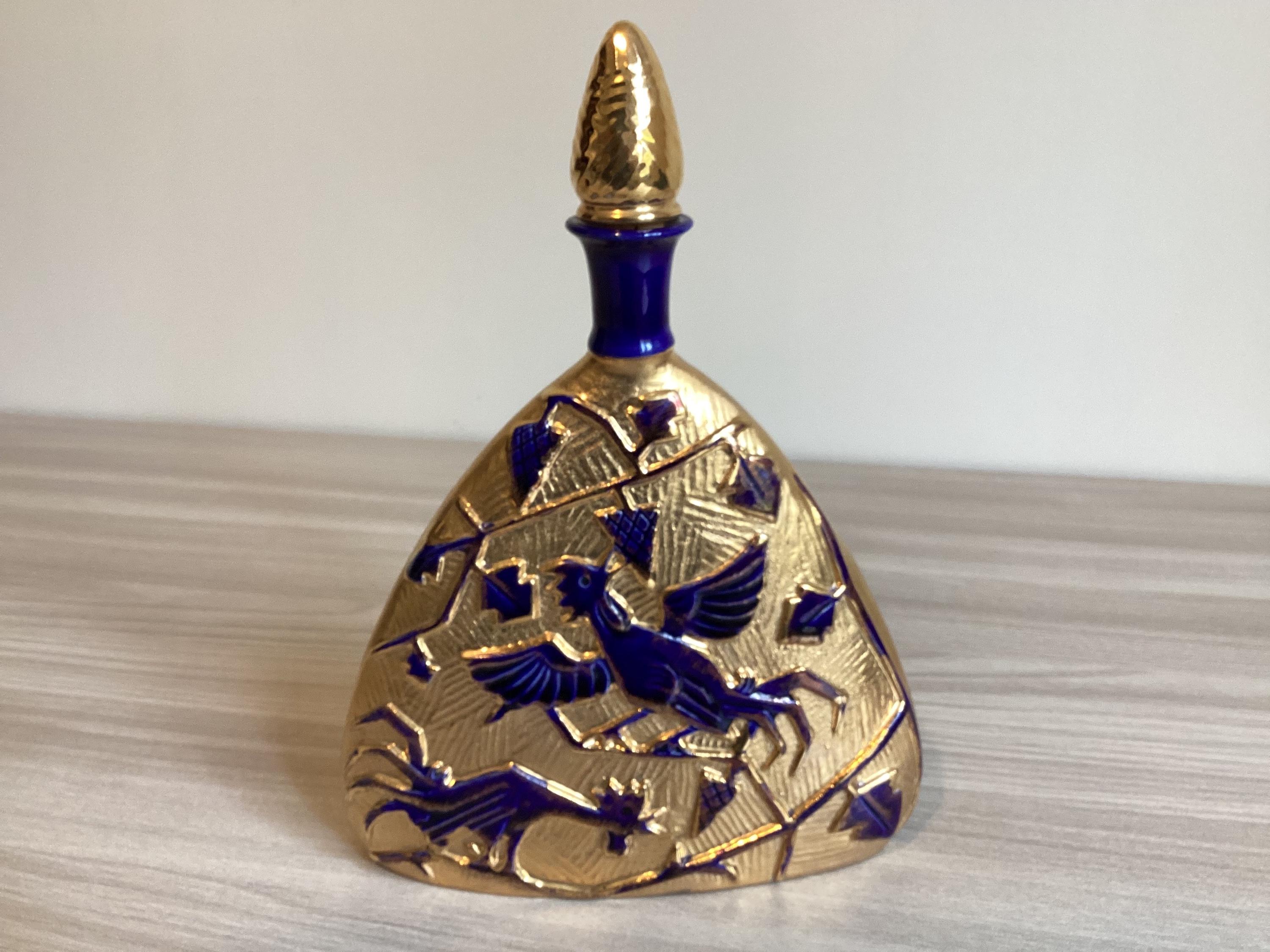 Vintage Italian Bottle | 1930s Art Deco Cobalt Blue & Gold, Ceramic Pine Cone Stopper — photo 3 of 10