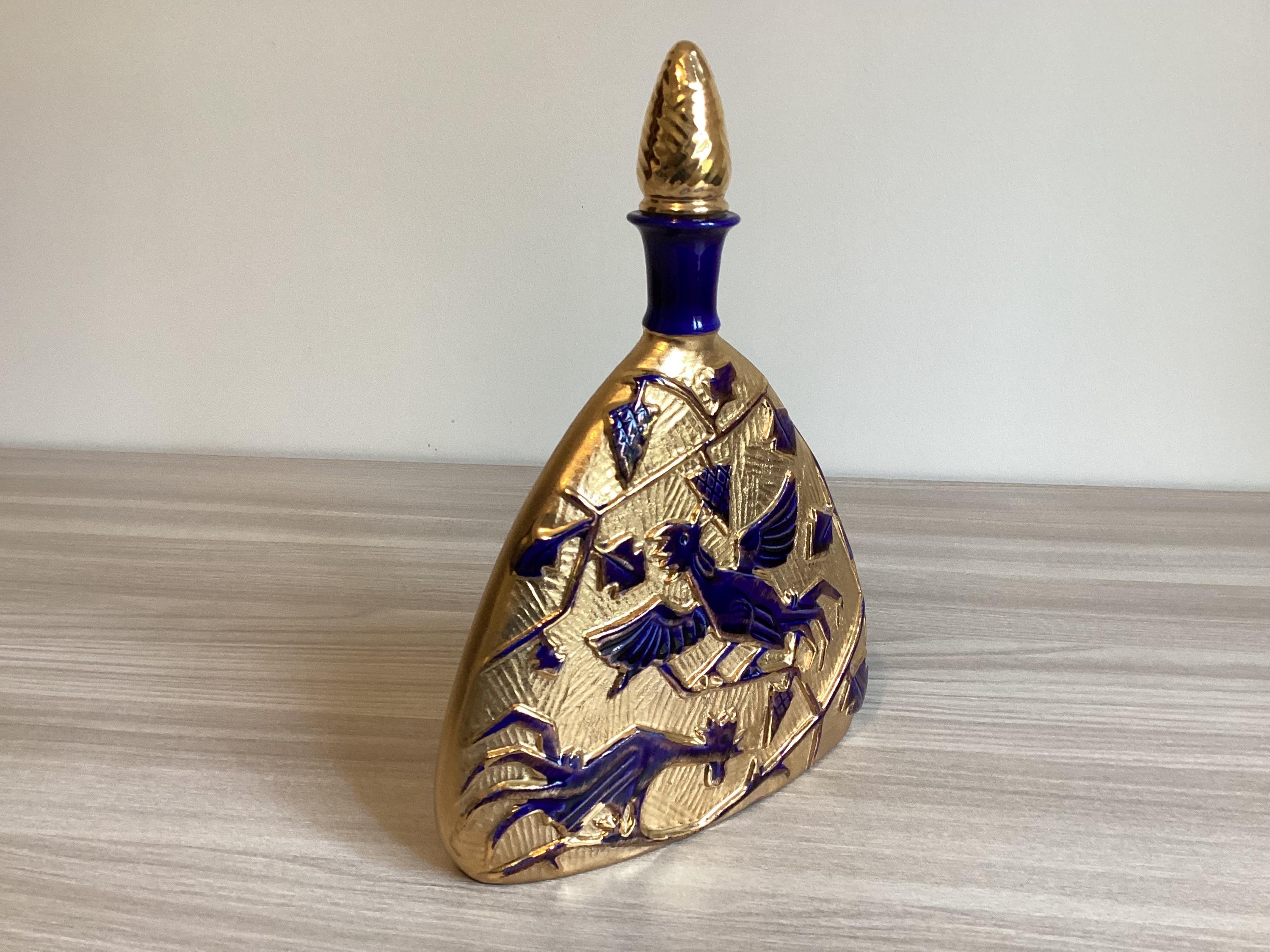 Vintage Italian Bottle | 1930s Art Deco Cobalt Blue & Gold, Ceramic Pine Cone Stopper — photo 4 of 10