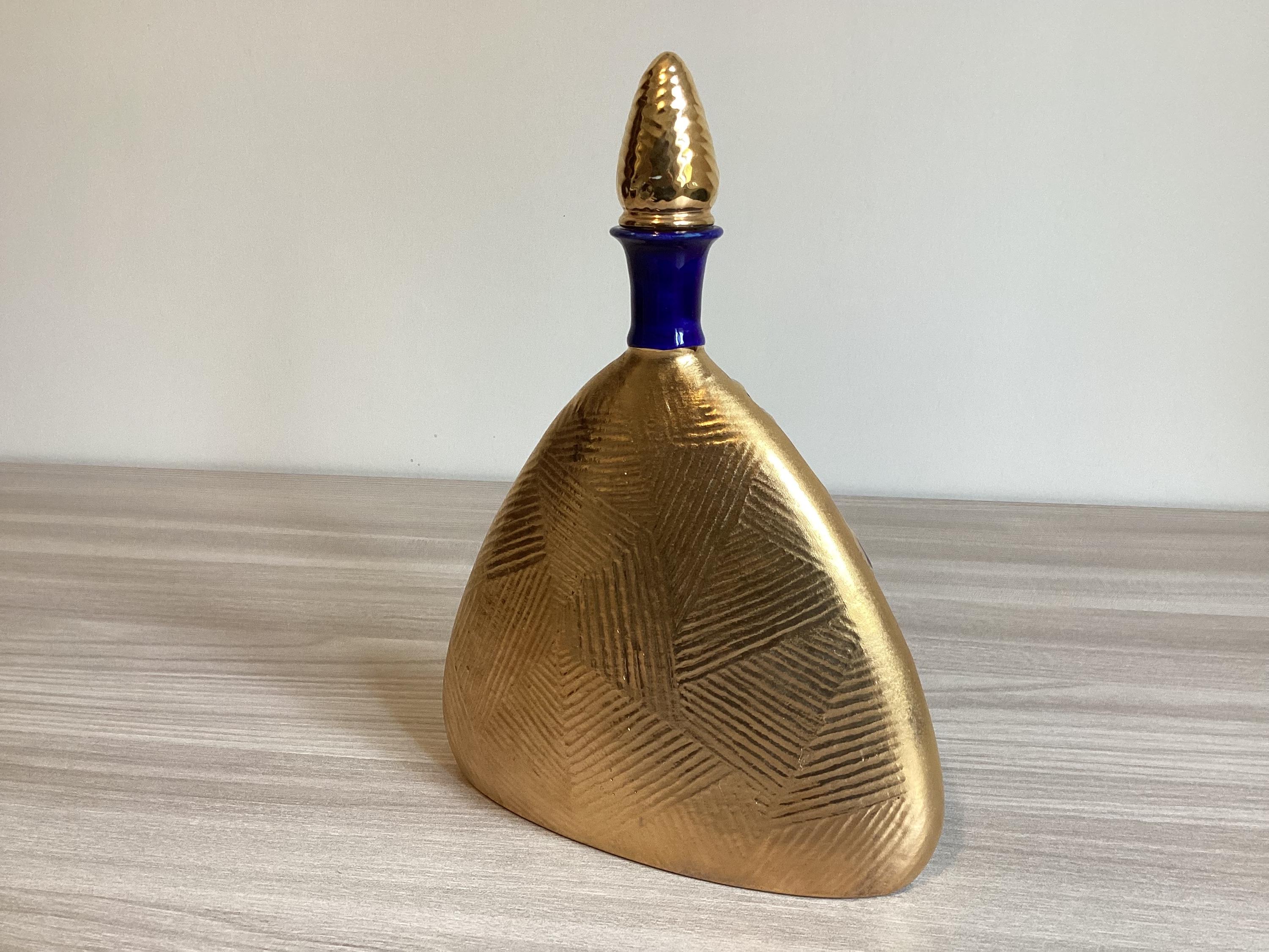 Vintage Italian Bottle | 1930s Art Deco Cobalt Blue & Gold, Ceramic Pine Cone Stopper — photo 5 of 10