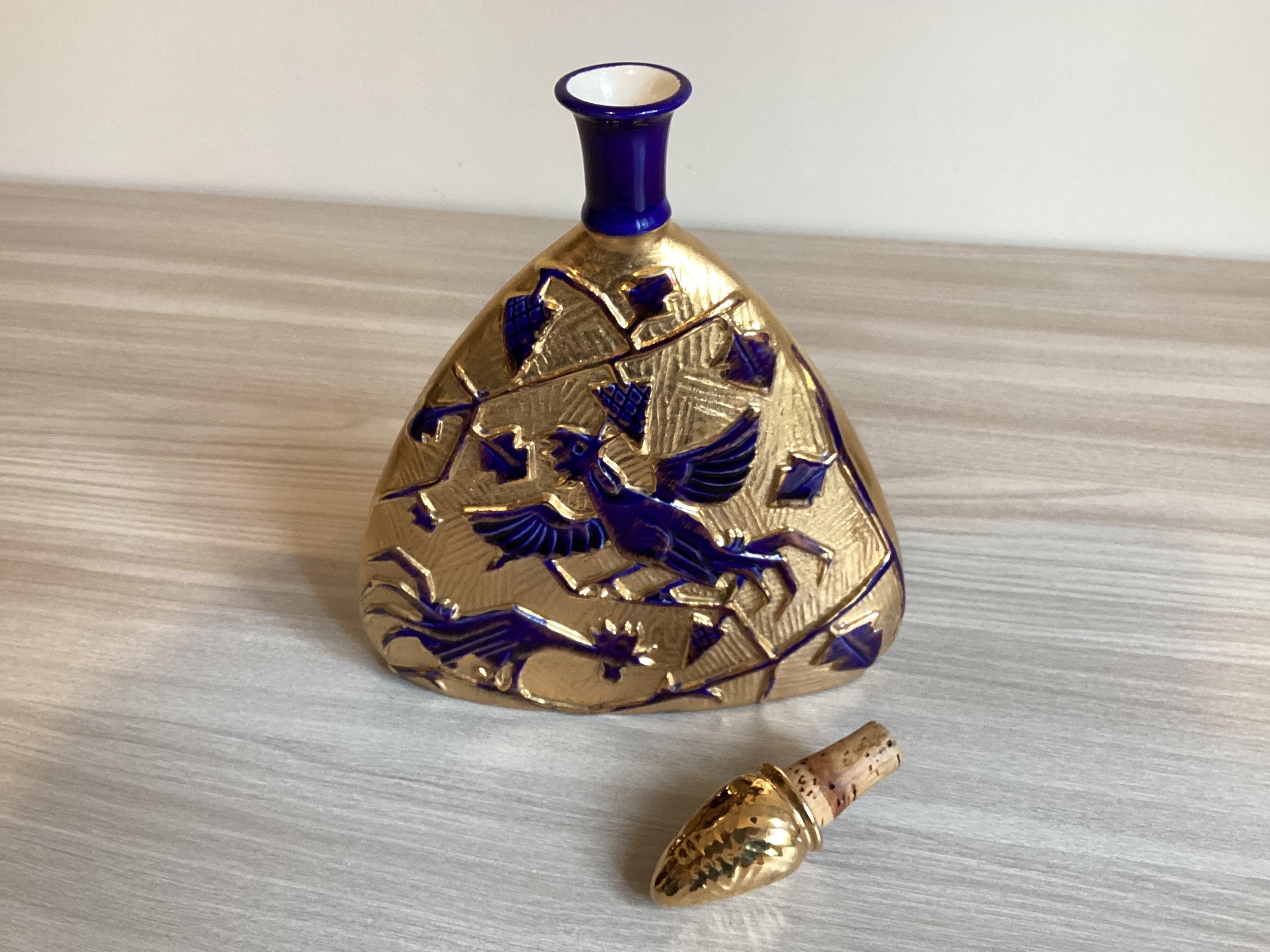 Vintage Italian Bottle | 1930s Art Deco Cobalt Blue & Gold, Ceramic Pine Cone Stopper — photo 6 of 10