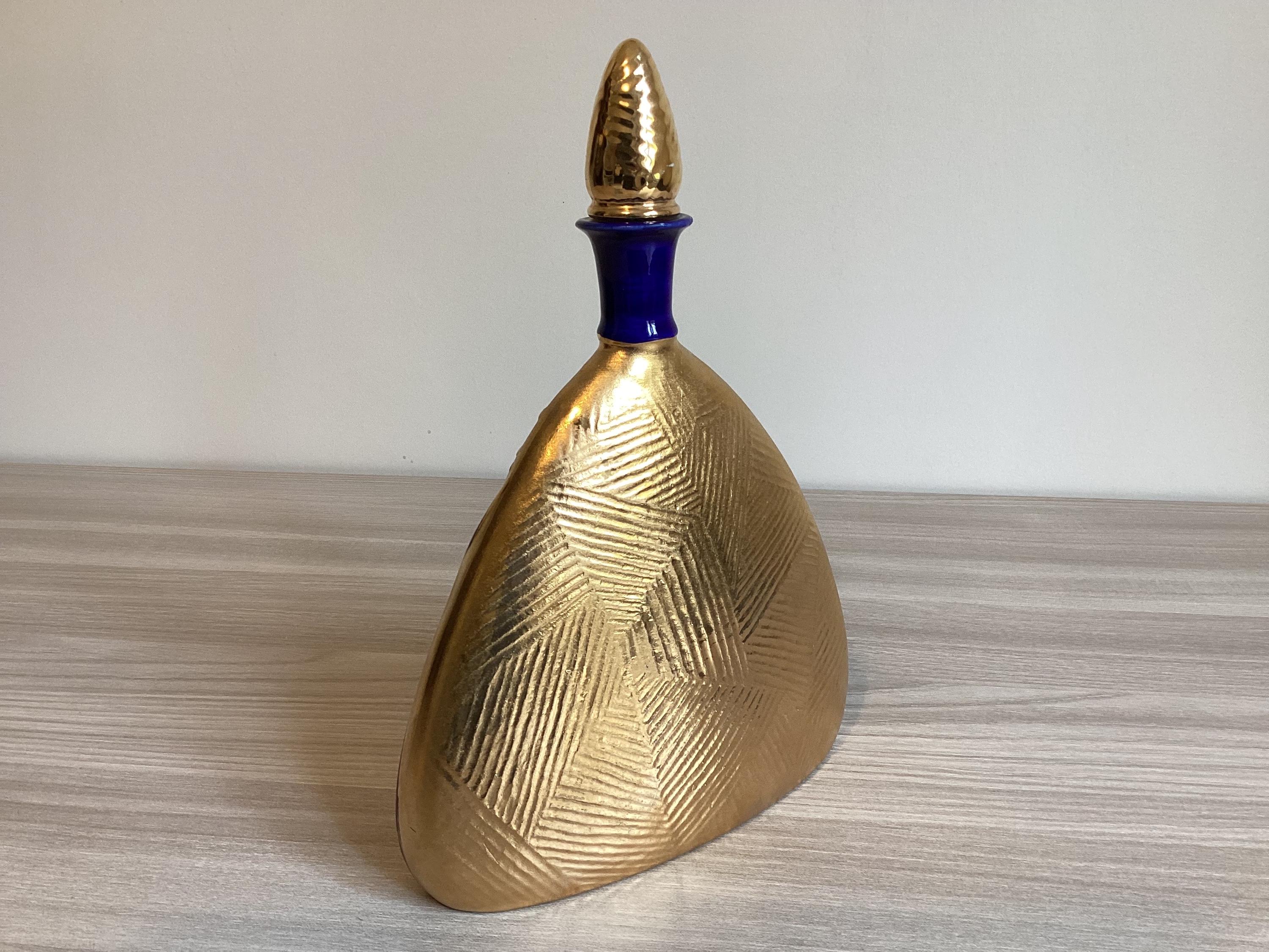 Vintage Italian Bottle | 1930s Art Deco Cobalt Blue & Gold, Ceramic Pine Cone Stopper — photo 7 of 10