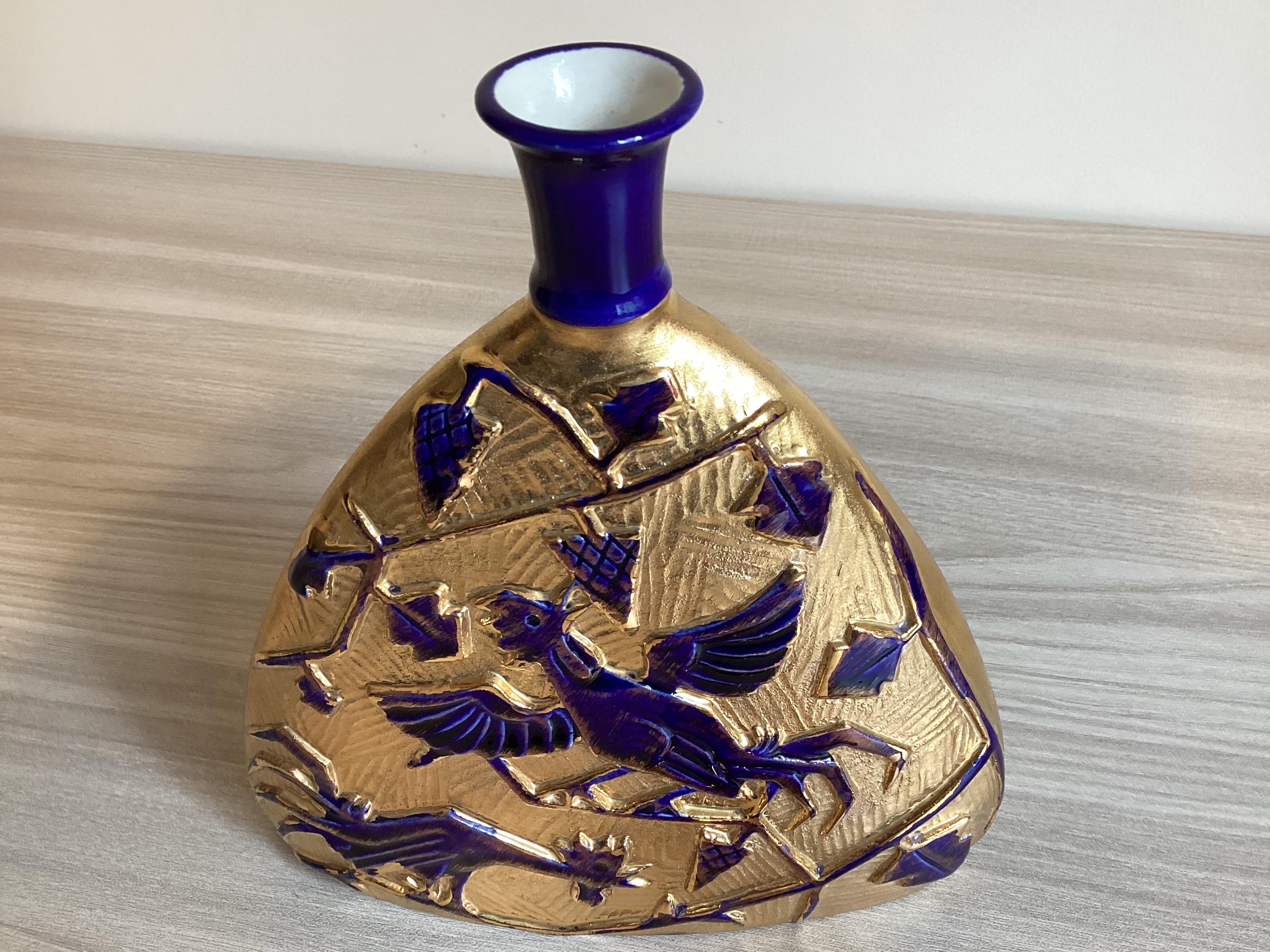 Vintage Italian Bottle | 1930s Art Deco Cobalt Blue & Gold, Ceramic Pine Cone Stopper — photo 9 of 10