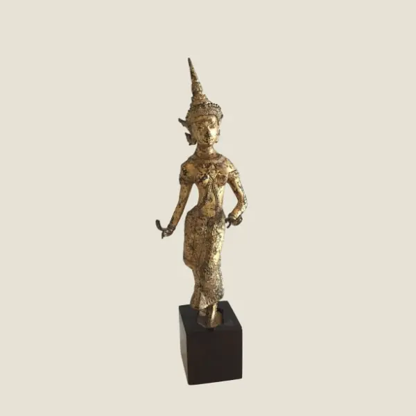 Bronze Statue Theppanom Temple Dancer Thailand 1900s Gilded Sculpture