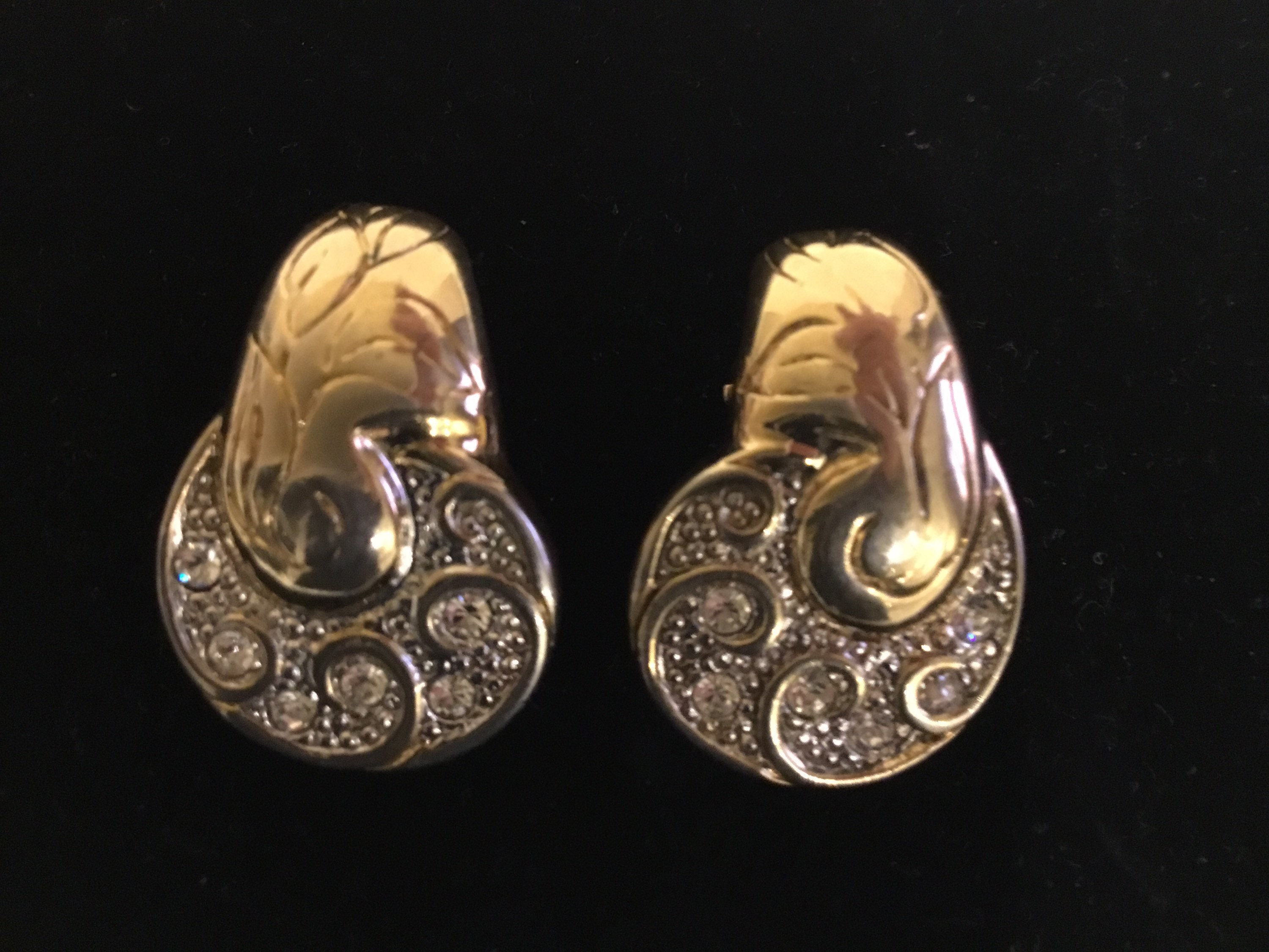 Vintage French Earrings | 1980s Rhinestone Clip-ons, Gold & Rhodium Plated Crystal — photo 2 of 6