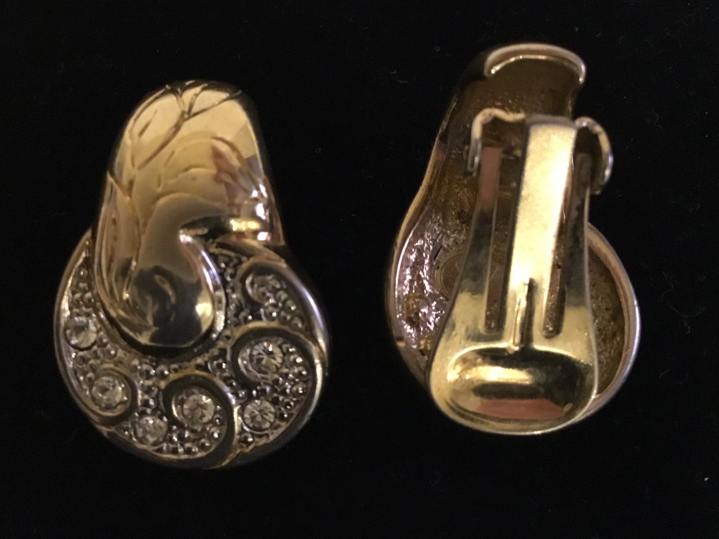 Vintage French Earrings | 1980s Rhinestone Clip-ons, Gold & Rhodium Plated Crystal — photo 3 of 6