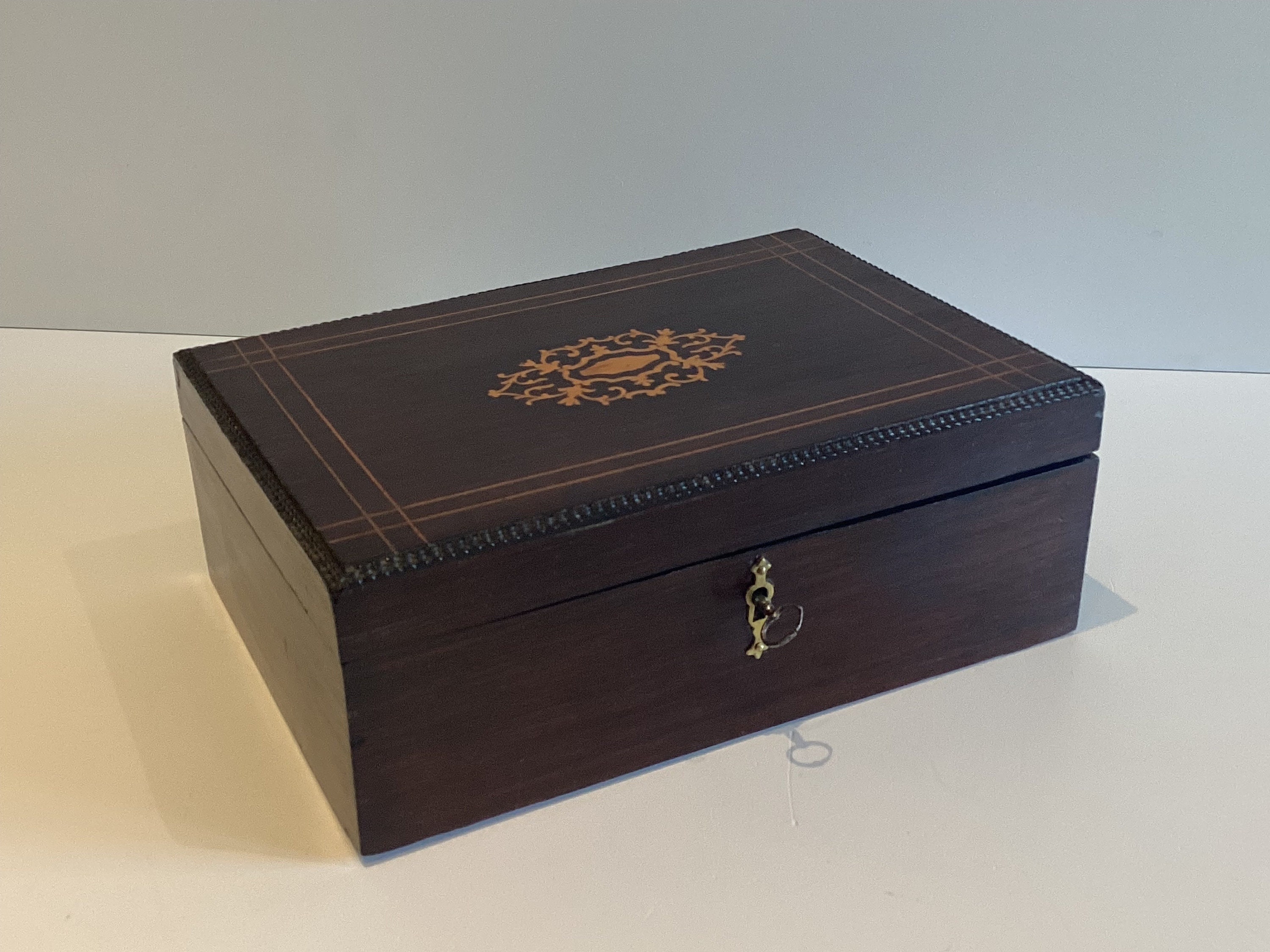 Antique French Box | 1880 Hand Inlaid Wood, Original Key & Lock, Red Interior — photo 2 of 7