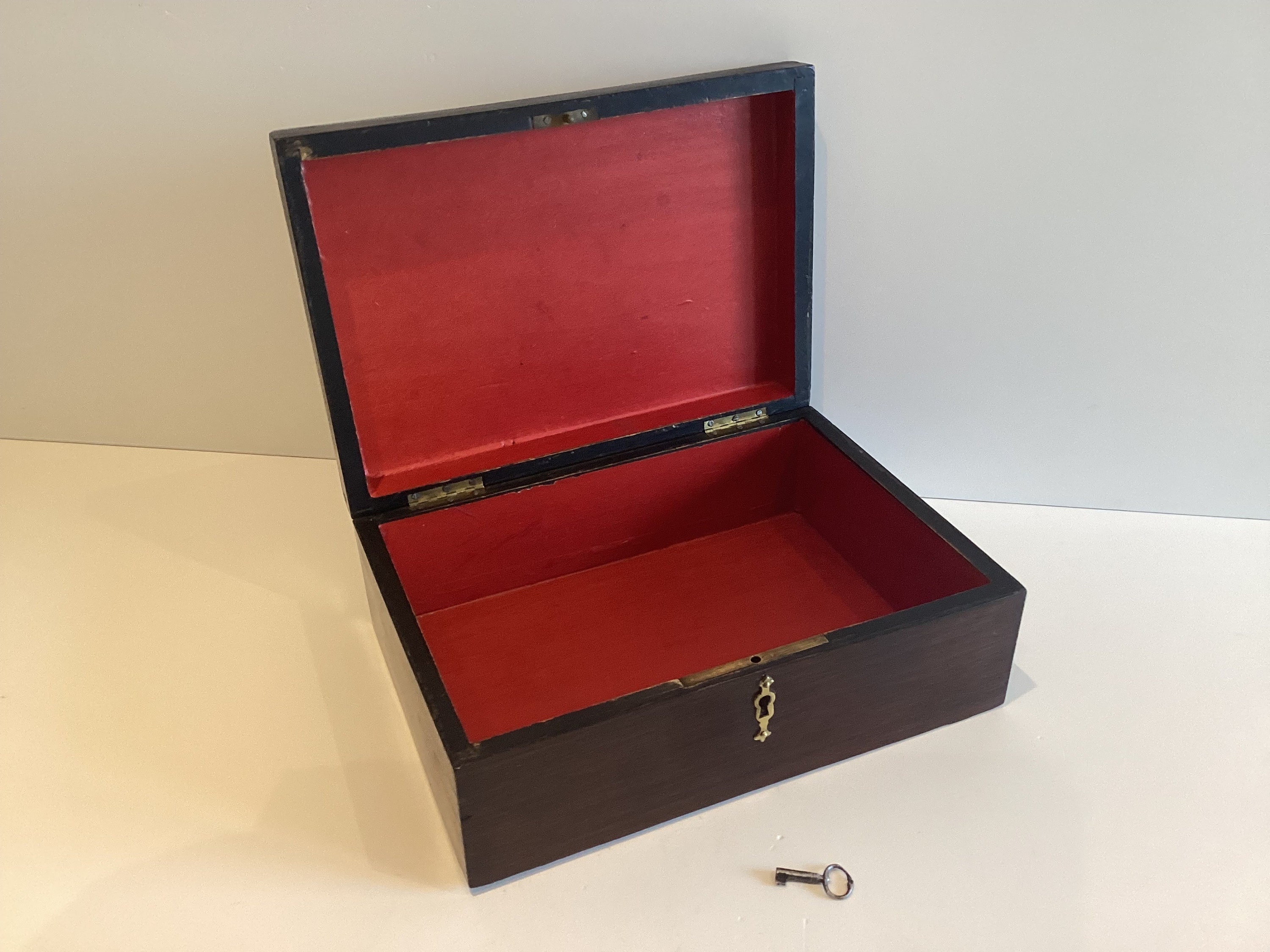 Antique French Box | 1880 Hand Inlaid Wood, Original Key & Lock, Red Interior — photo 3 of 7