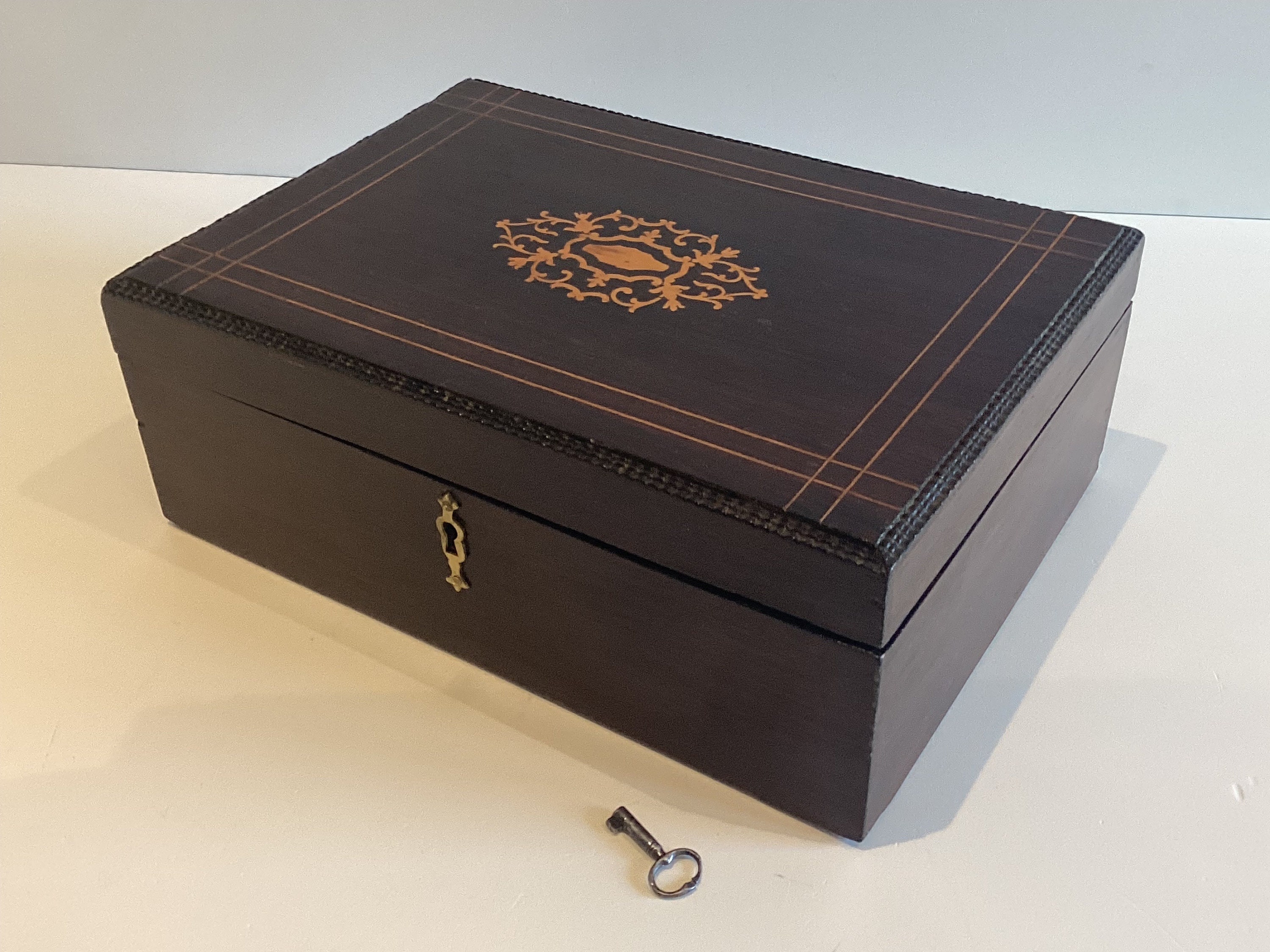 Antique French Box | 1880 Hand Inlaid Wood, Original Key & Lock, Red Interior — photo 4 of 7