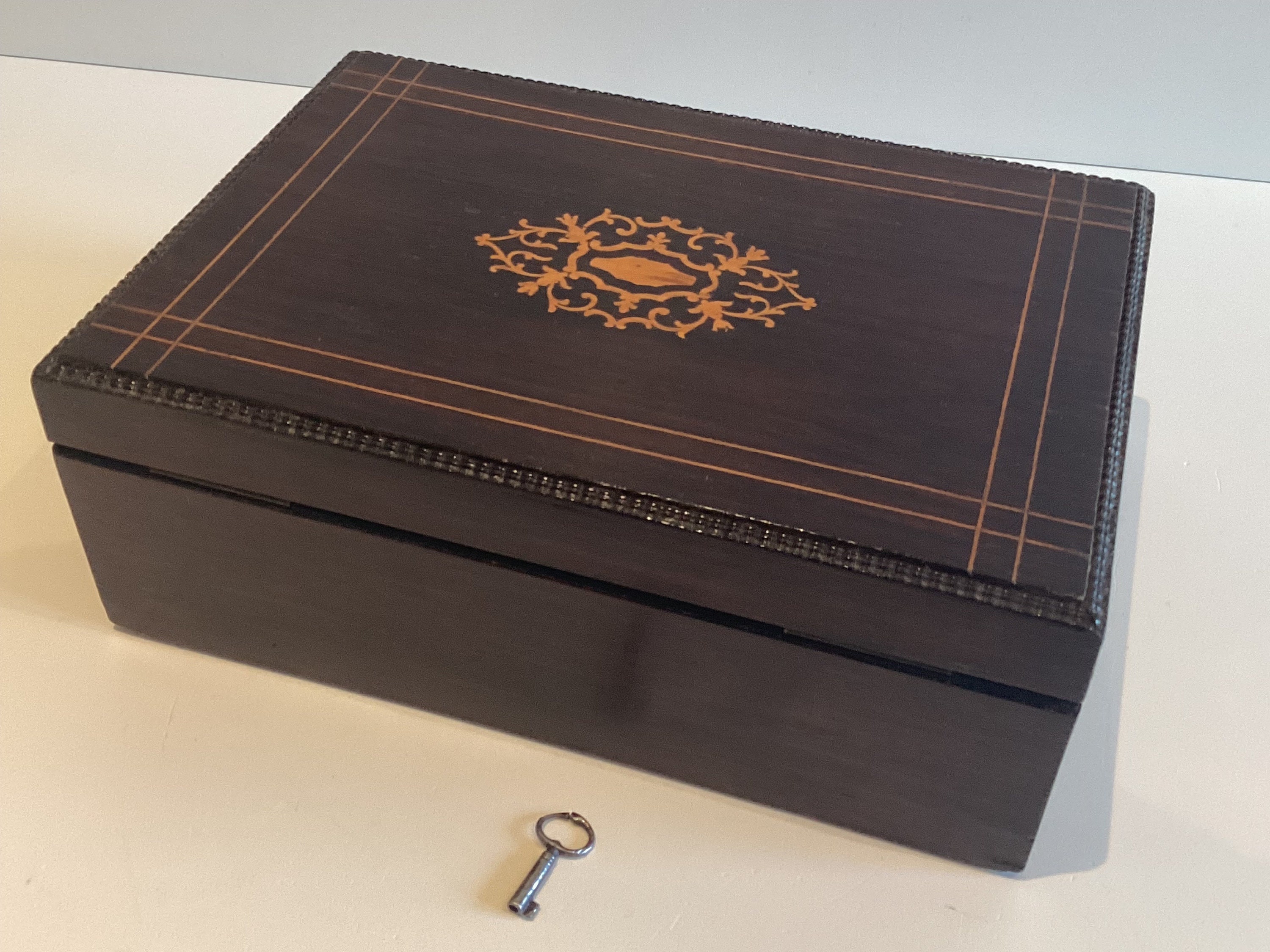 Antique French Box | 1880 Hand Inlaid Wood, Original Key & Lock, Red Interior — photo 5 of 7