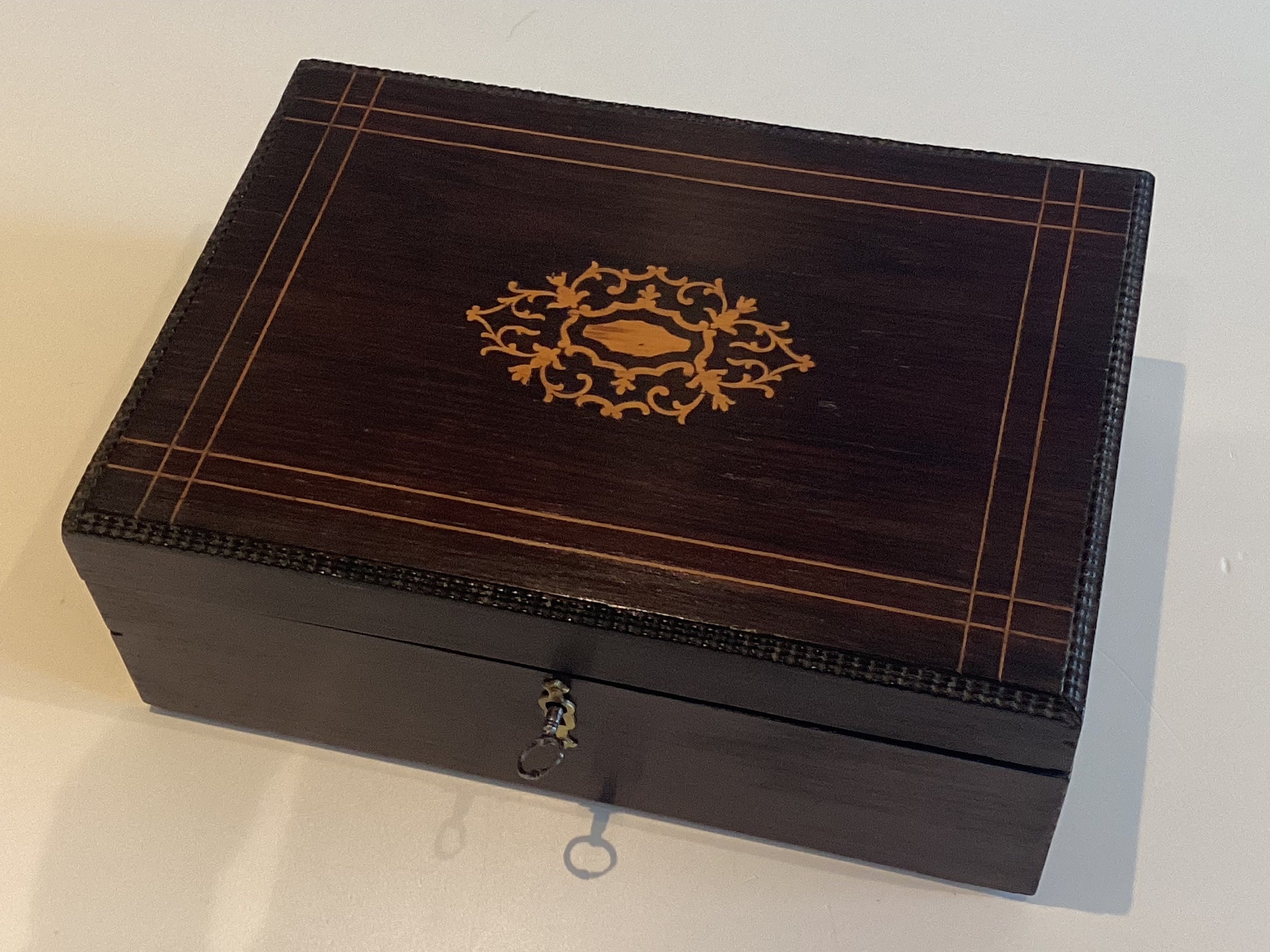 Antique French Box | 1880 Hand Inlaid Wood, Original Key & Lock, Red Interior — photo 6 of 7