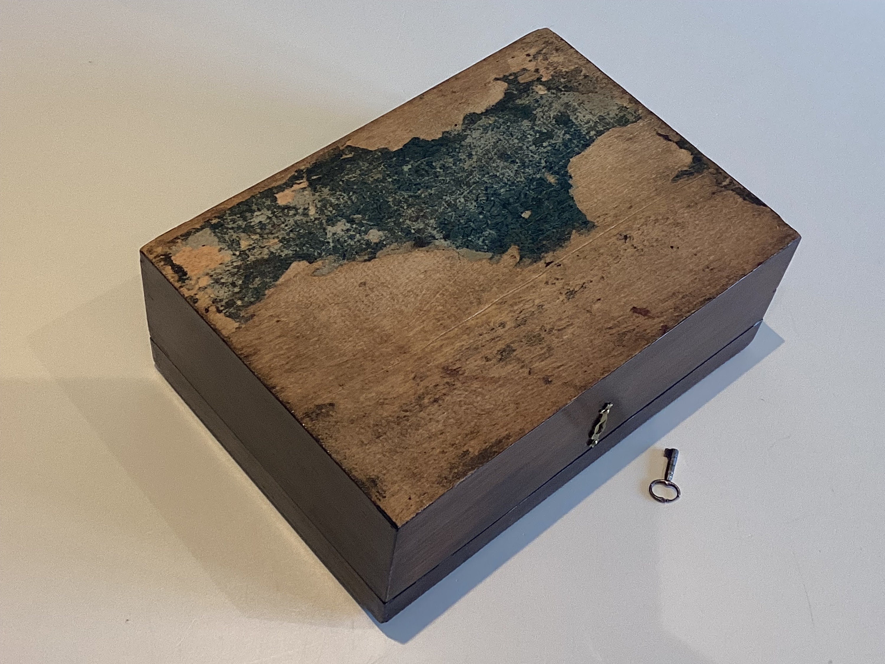 Antique French Box | 1880 Hand Inlaid Wood, Original Key & Lock, Red Interior — photo 7 of 7