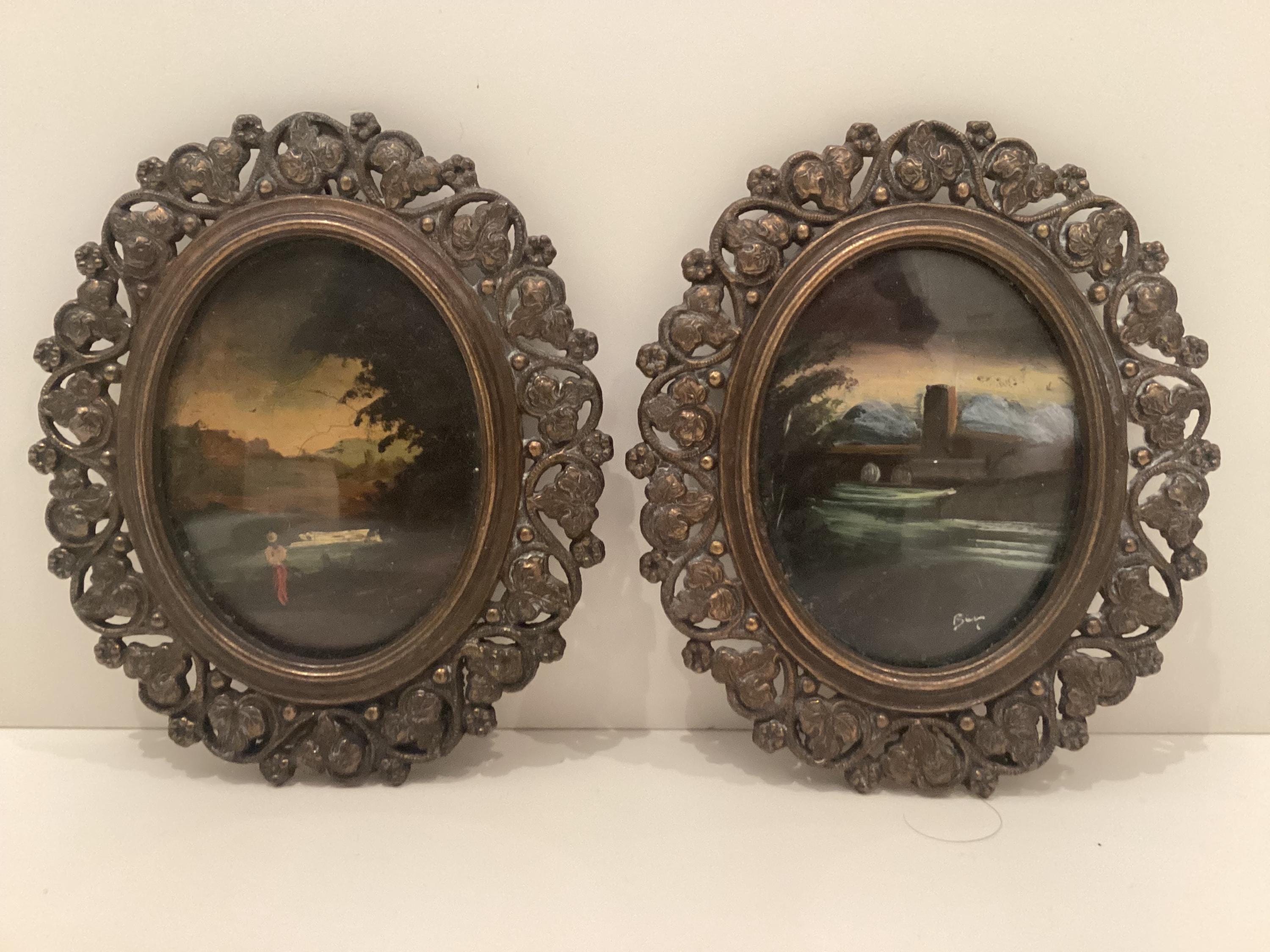 Antique Miniature Paintings | Eduard Robert Bary 1800s German Artist, Pair of Oval Landscapes — photo 2 of 8