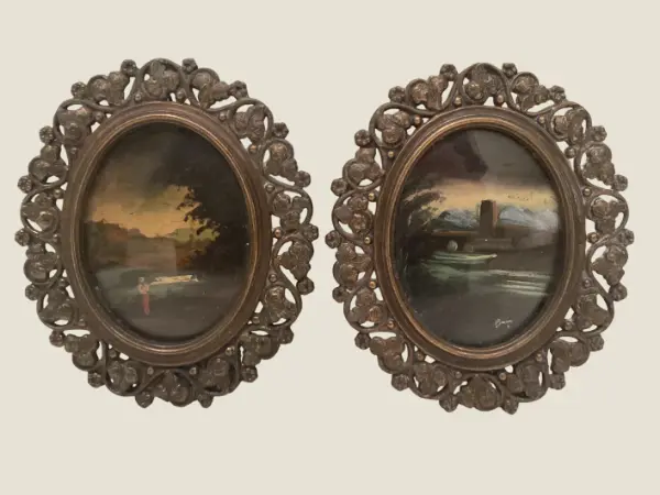 Antique Miniature Paintings | Eduard Robert Bary 1800s German Artist, Pair of Oval Landscapes
