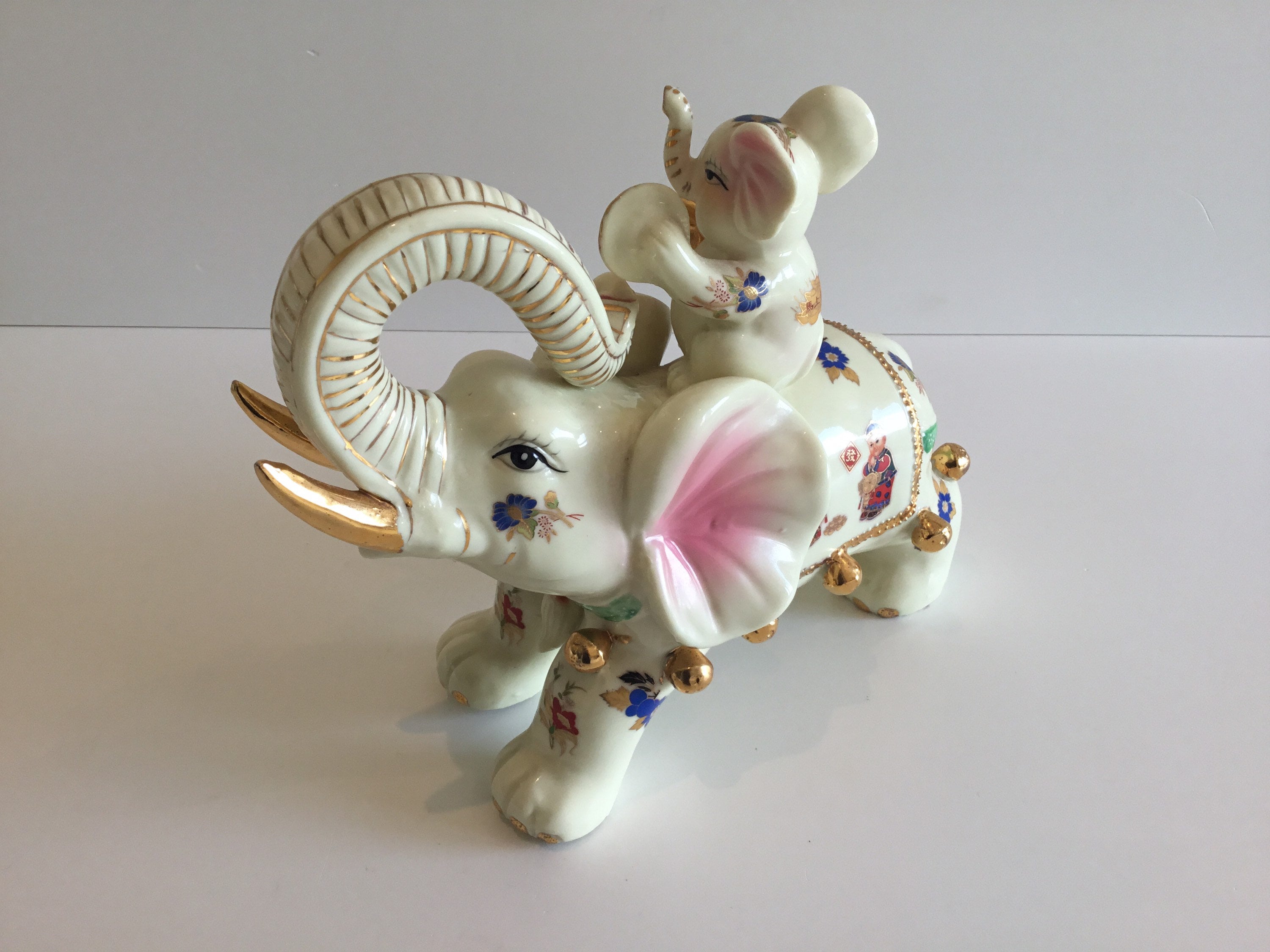 Vintage Porcelain Elephants | 1950s Chinese Pair, Gold Decorated Large Lucky Charm Decor — photo 3 of 11