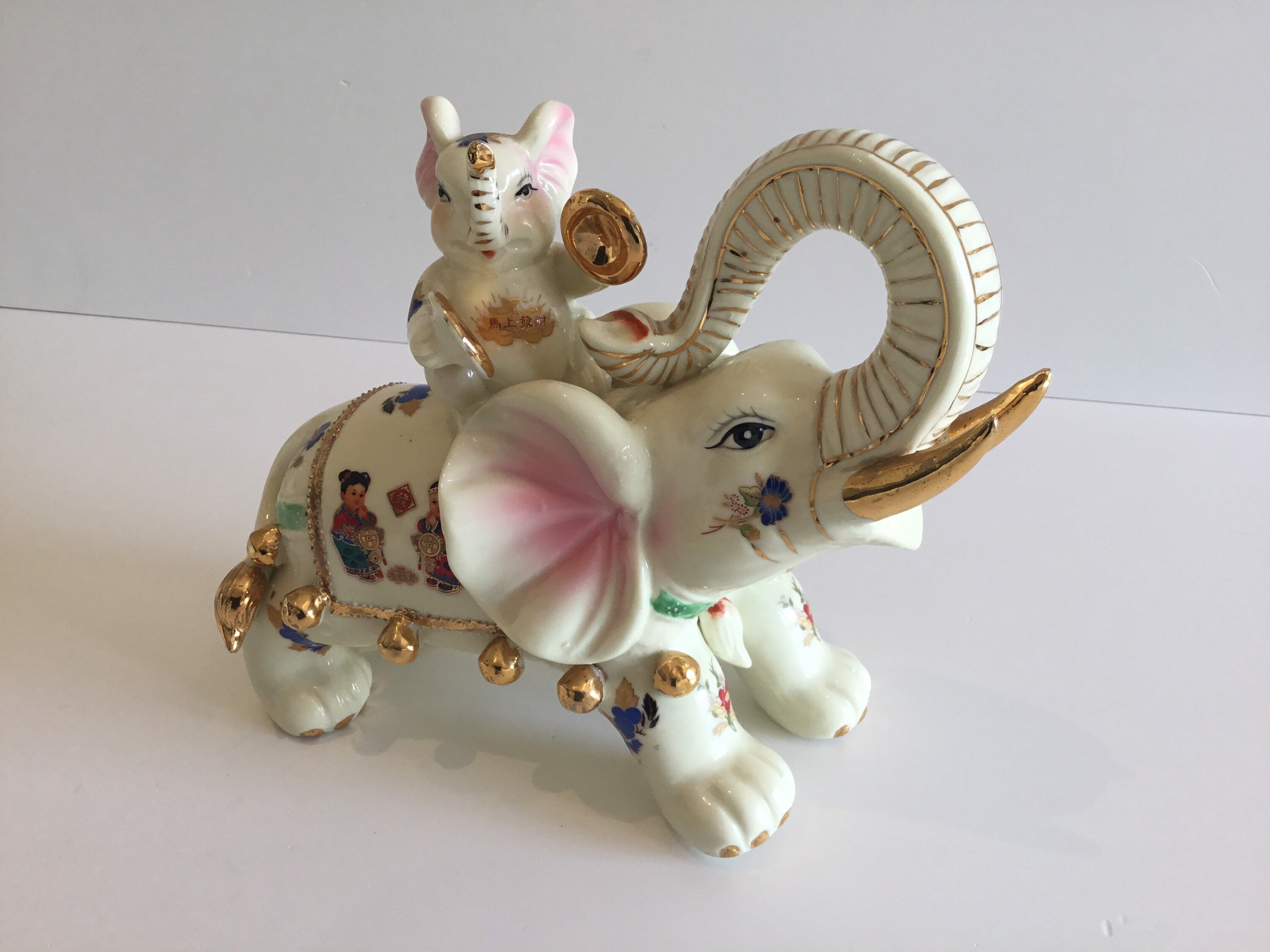 Vintage Porcelain Elephants | 1950s Chinese Pair, Gold Decorated Large Lucky Charm Decor — photo 4 of 11