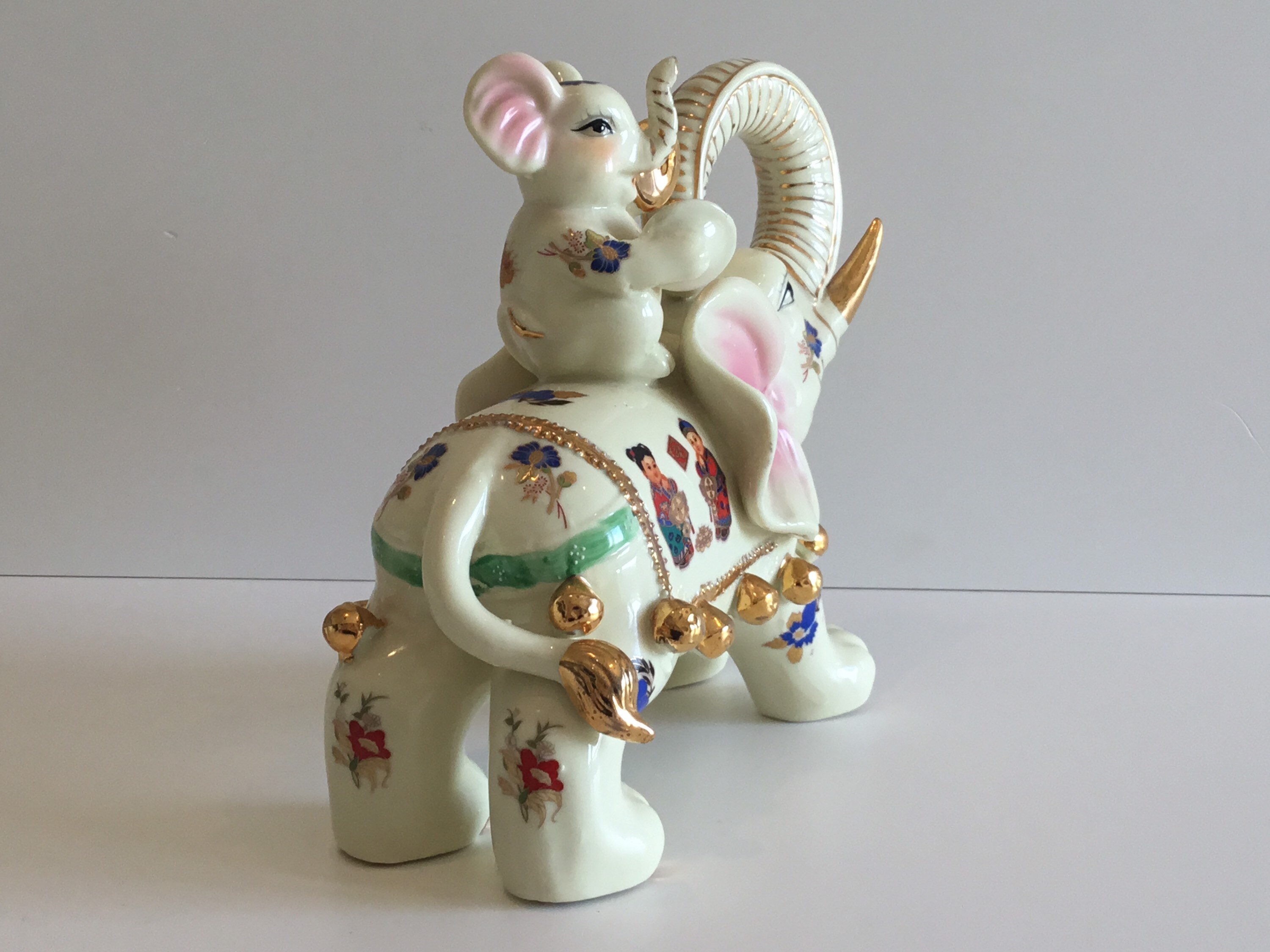 Vintage Porcelain Elephants | 1950s Chinese Pair, Gold Decorated Large Lucky Charm Decor — photo 5 of 11