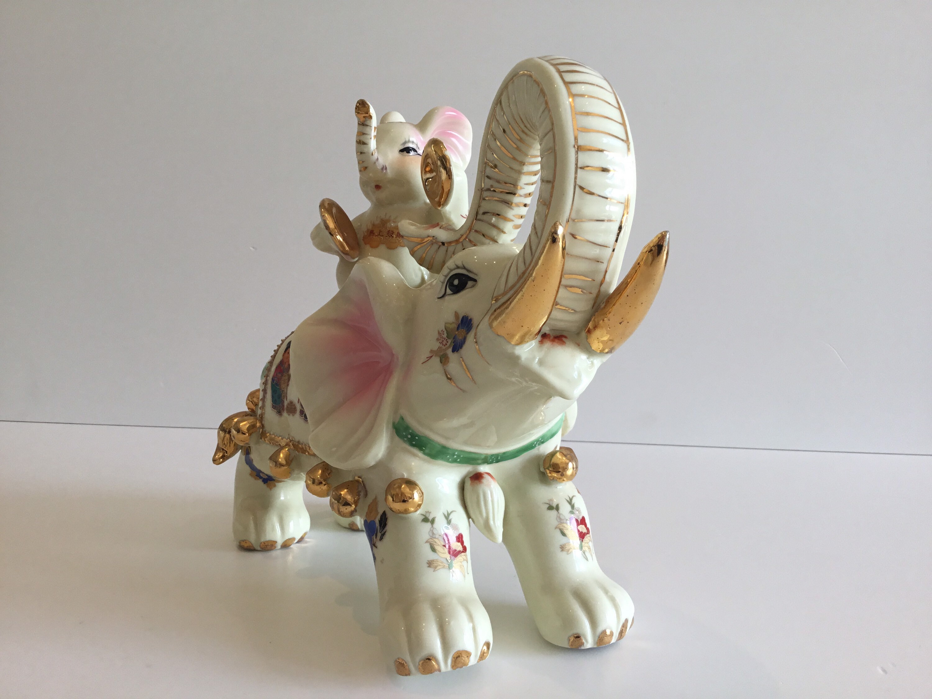 Vintage Porcelain Elephants | 1950s Chinese Pair, Gold Decorated Large Lucky Charm Decor — photo 6 of 11